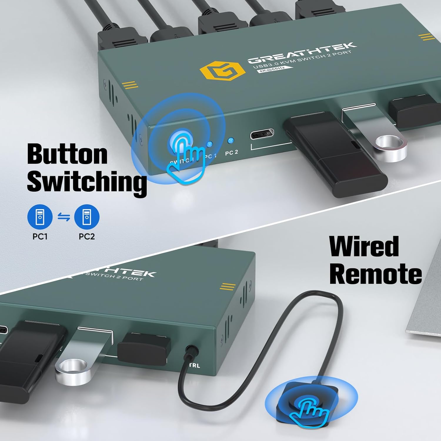 USB3.0 KVM Switch 2 Port HDMI, 4K@60Hz KVM Switch 1 Monitors 2 Computers with 3 USB3.0 Ports, HDMI KVM Switches for 2 PCs Share 1 Monitors and USB Devices, Support Button Switch, EDID