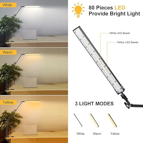 Miniatura 3 de Toolour Lámpara de escritorio LED con abrazadera, 2 en 1 con clip en luces de escritorio con base, lámparas de arquitecto de brazo oscilante de 3