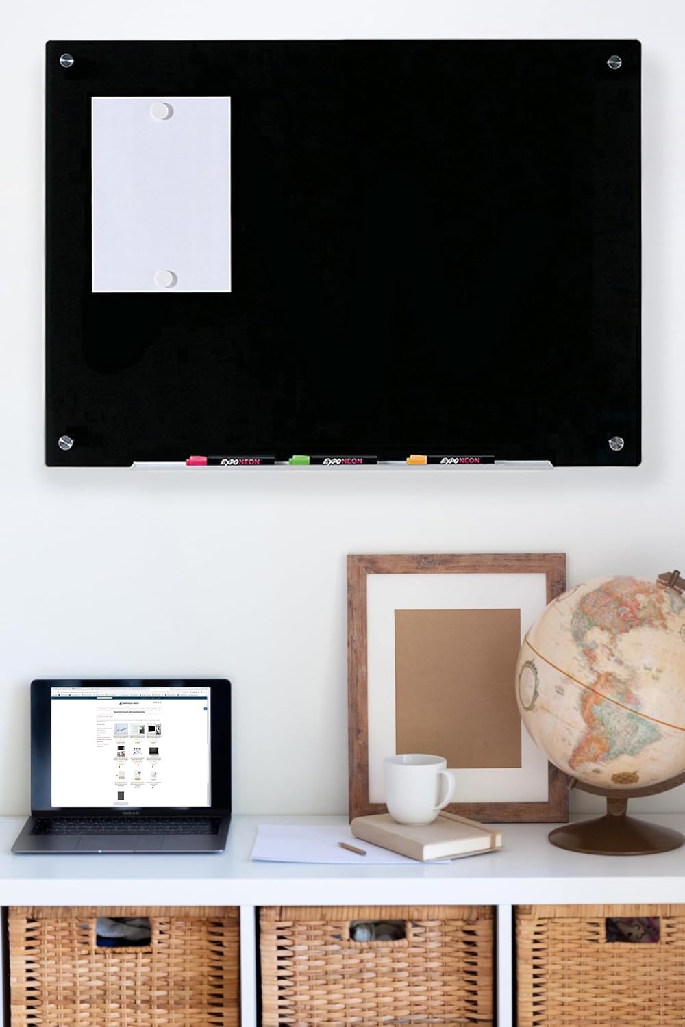 Audio-Visual Direct Magnetic Black Glass Dry-Erase Board Set - 40" x 30" - Includes Magnets, Hardware & Marker Tray