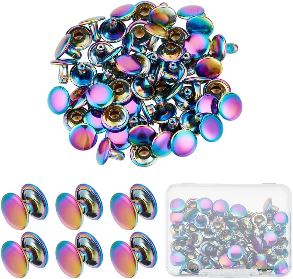 CRAFTYMELODY 30Sets Rainbow Double Cap Rivets Brass Metal Studs Rivets Punk Rock Style Round Head Stud for Leather DIY Crafting Repair Decorate Clothing Shoes Bags Jackets Belts Collars