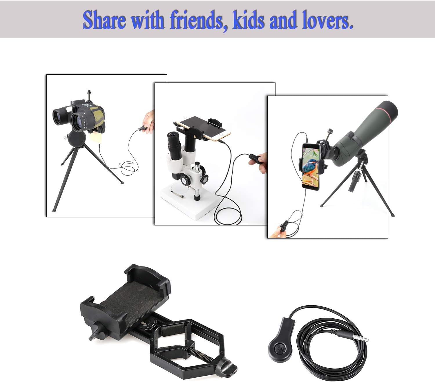 LAKWAR Cell Phone Adapter Mount + Wire Shutter, Universal Smartphone Quick Photography Connector with Shutter Wire Control for Telescope, Binoculars, Monocular, Spotting Scope, Microscope & Tripod