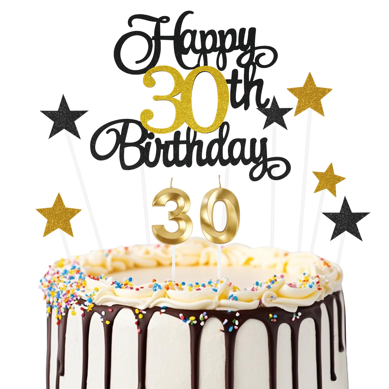 Geburtstagskerzen Set Gold – 6 Kerzen & Acryl-Zahl '30' Als Kuchenaufsatz Für 30. Geburtstag
