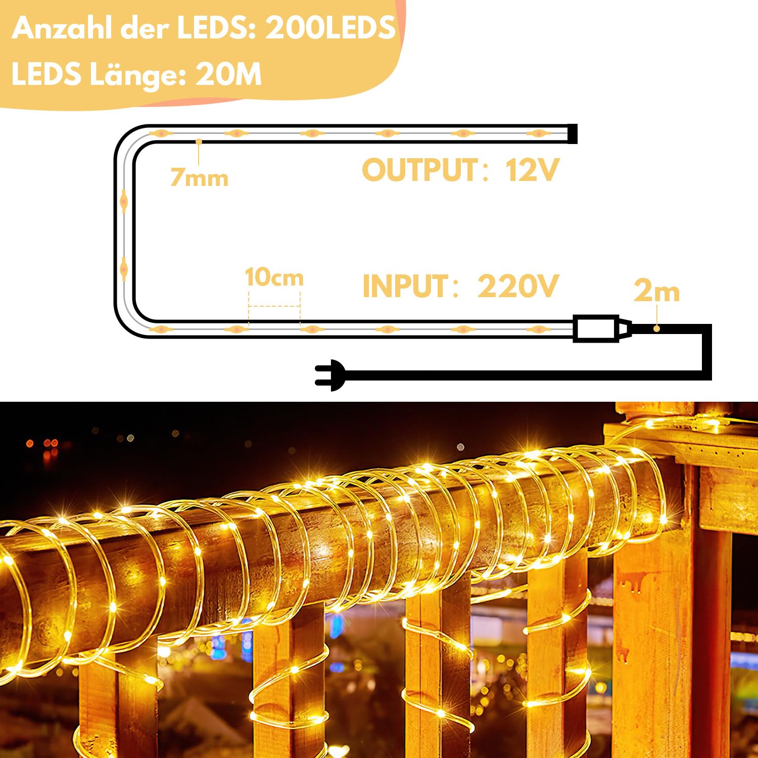Tubo de luz de 20 m, blanco cálido, mando a distancia, regulable