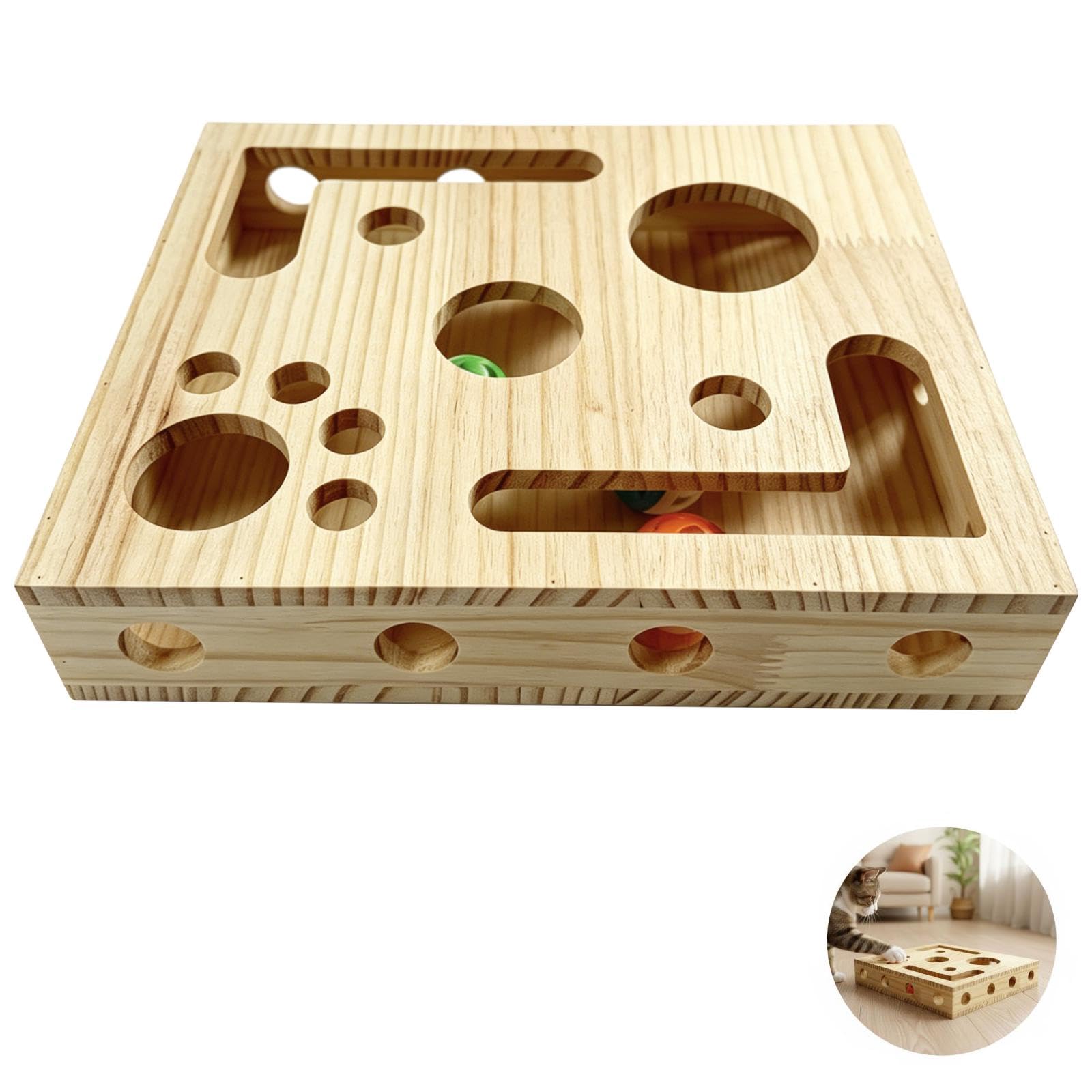 Caja de limas de uñas para gatos, juguete de rompecabezas de laberinto de madera con papel de lija, juguete interactivo de enriquecimiento para gatos, 3 bolas de campana, protección de