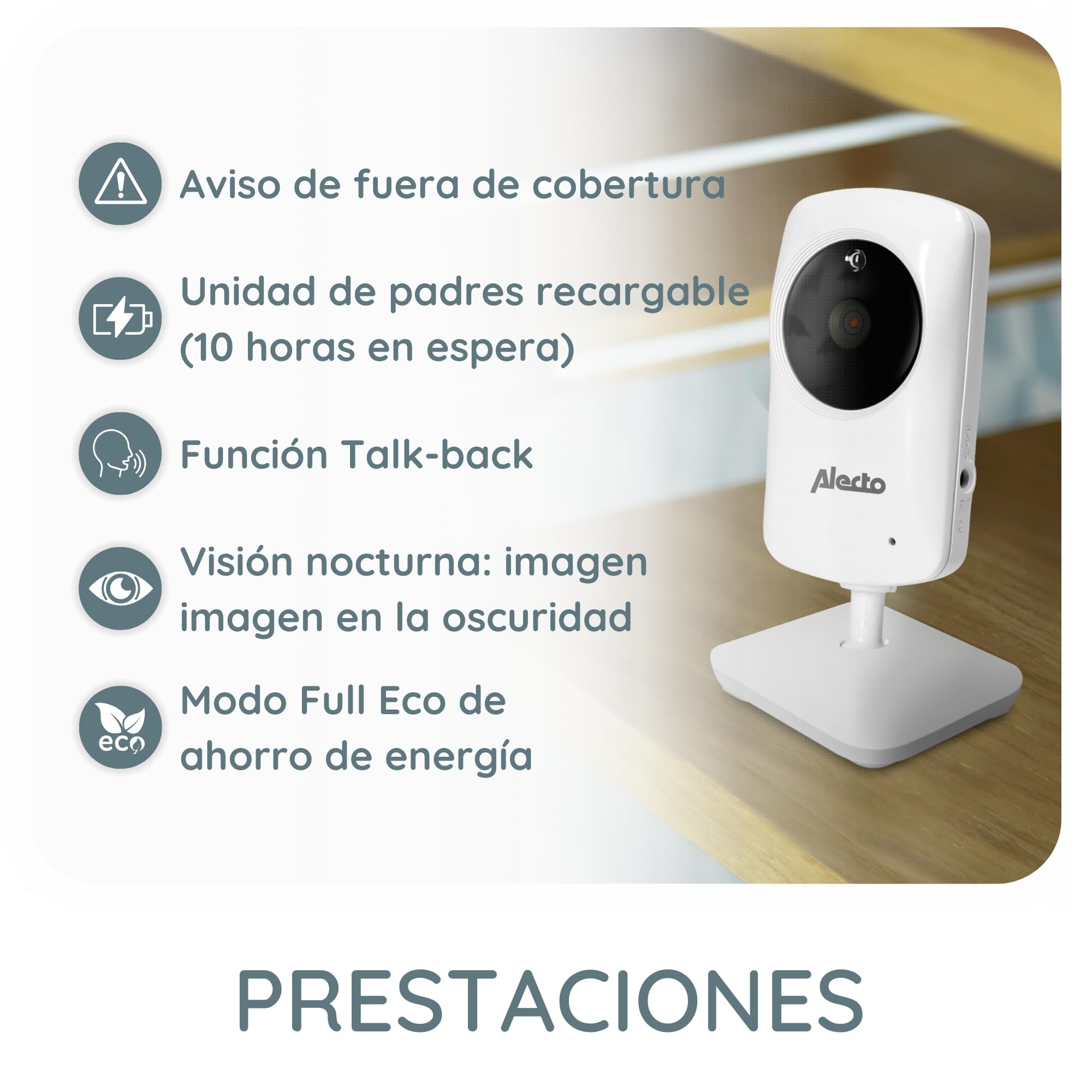 Alecto DVM-64 - Monitor inalámbrico para bebés (100% libre de interferencias y privado) con cámara de vídeo giratoria, visión nocturna, función de intercomunicación, alto alcance, color blanco
