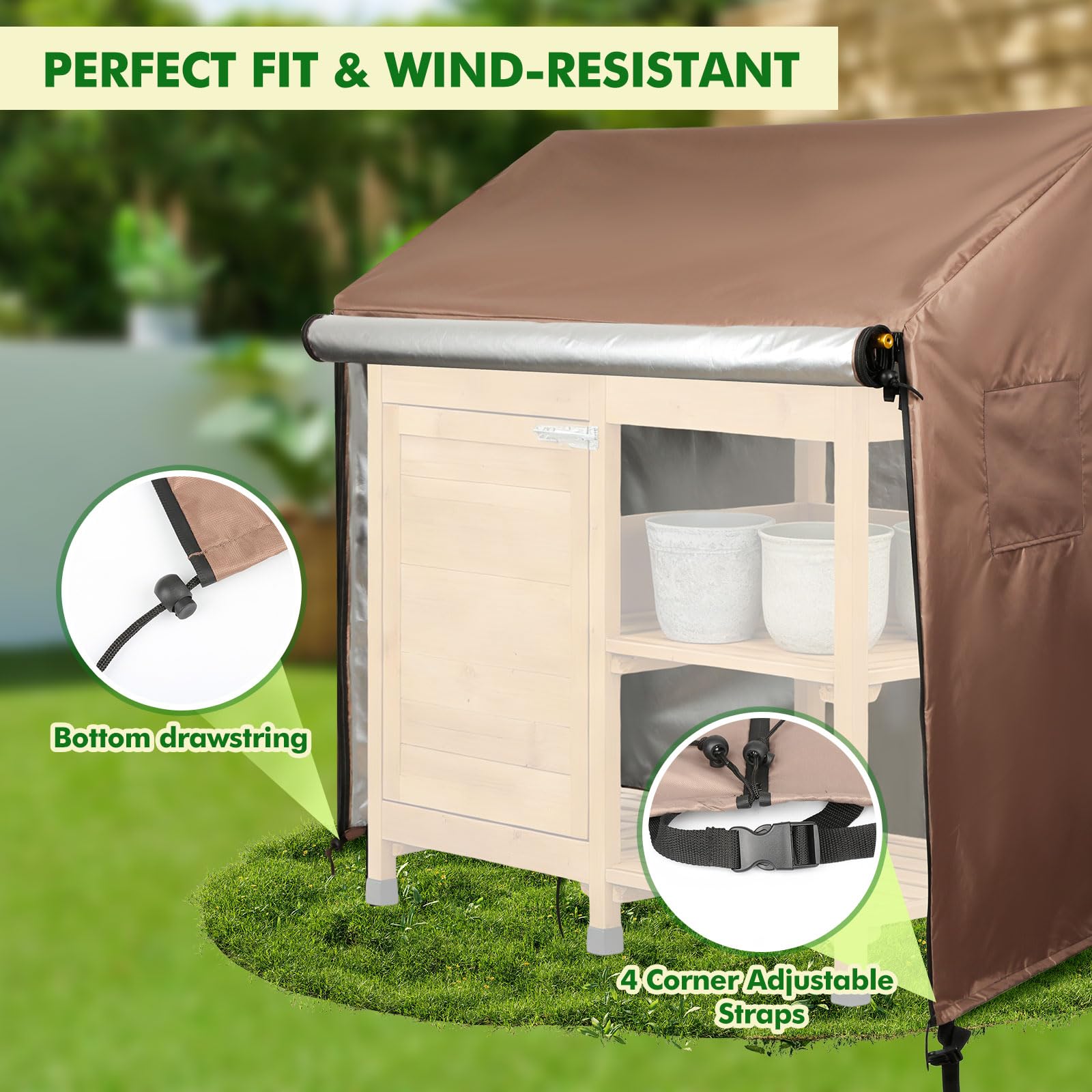 Funda Impermeable para Mesa de Jardinería con Solapa Frontal Abatible, Cubierta Protectora para Banco de Trabajo, Oxford 420D Marrón (116 * 51 * 120cm)