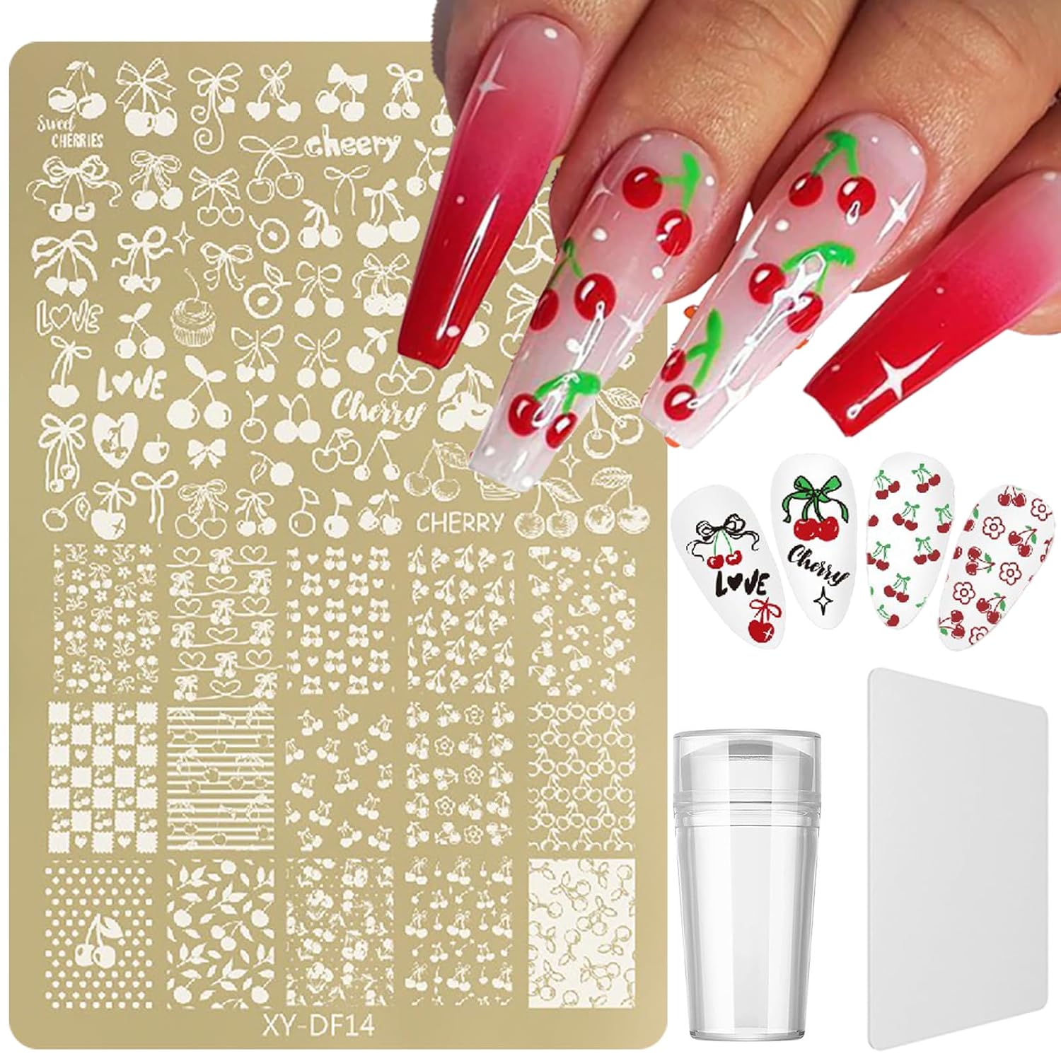 Gold Nail Stamp Plates with Jelly Stamper & Scraper - Cherry, Bowknot, Heart, Flower Nails Designs Tools, Nail Art Stamping Plates, Nail Plate Template for French Tip DIY Manicure Salon