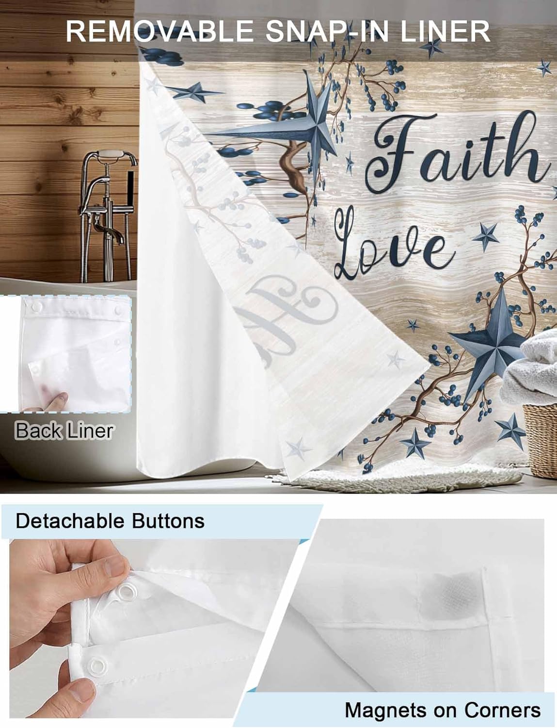 No Hook Shower Curtains with Detachable Snap-in Liner Set, Vintage Country Waterproof Hotel Bathroom Shower Curtain, Blue Rustic Texas Star Vines Wooden Grain Mesh Top Window Bath Curtains 60''x72''