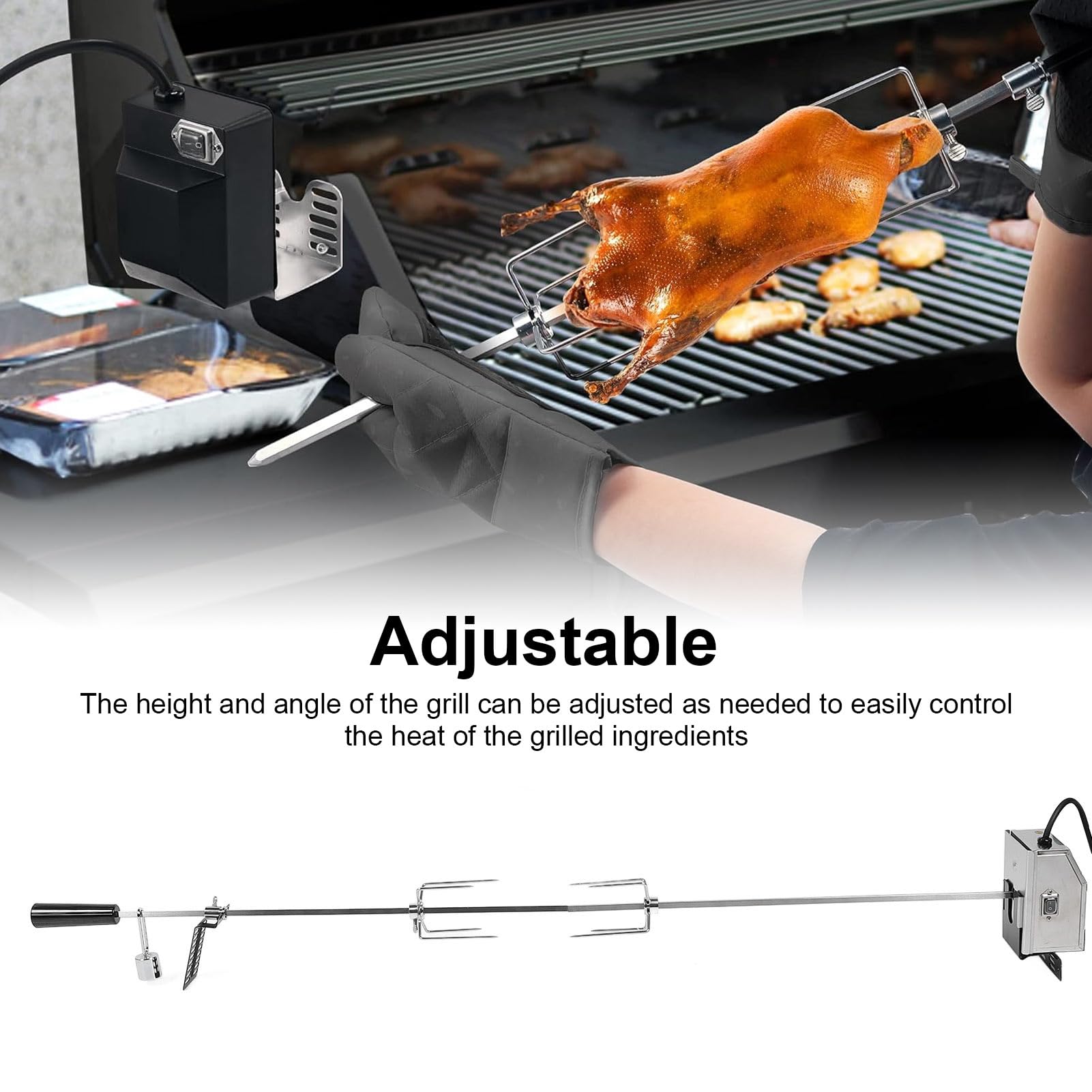 Girarrosto Elettrico, Kit Griglia Girarrosto, Kit Girarrosto Griglia Universale Acciaio Inossidabile 304 52,4 Pollici Capacità di Carico 33 Libbre Kit Barbecue Rotante (Spina