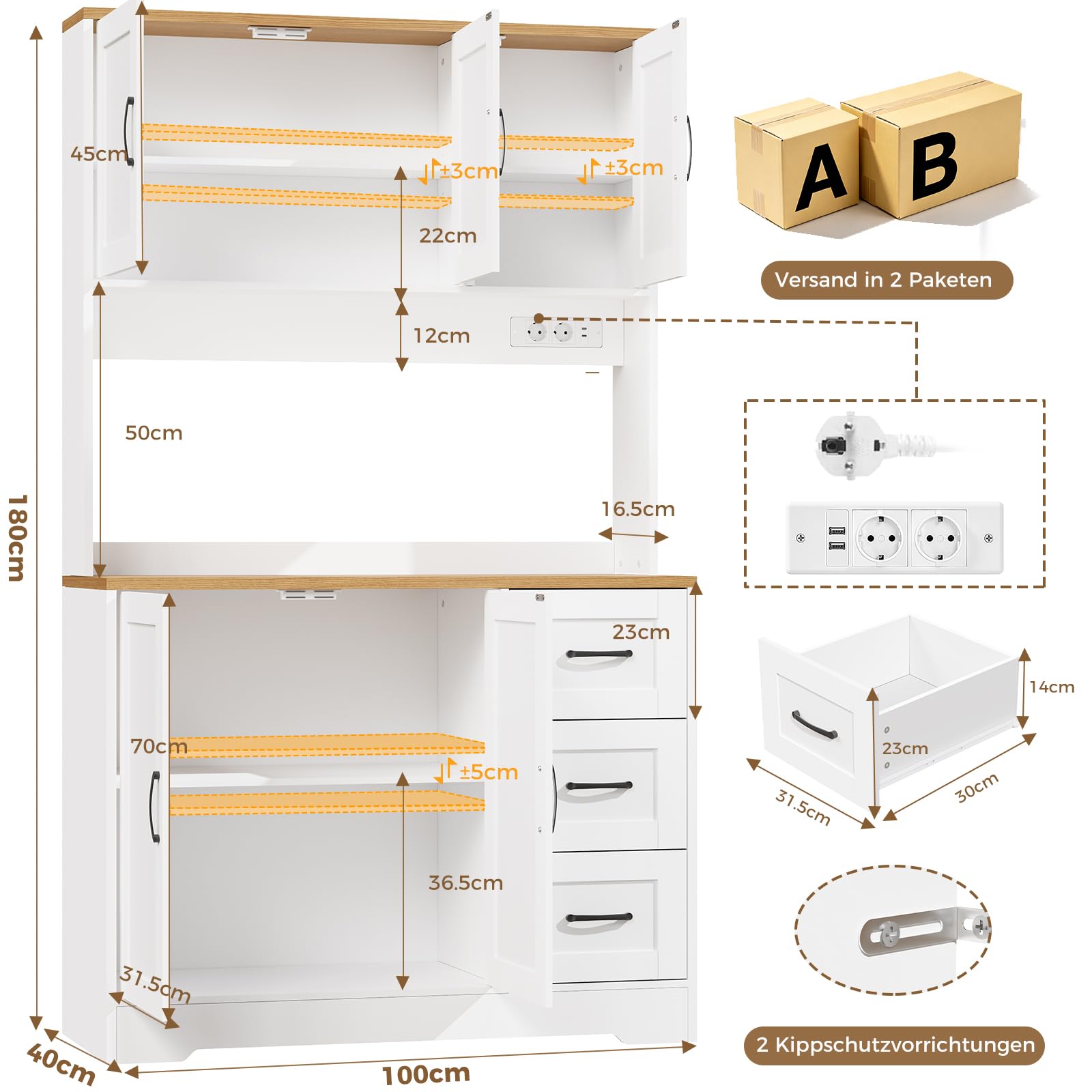 BEWISHOME küchenschrank mit LED Licht und Steckdosen küchenbuffet Buffetschrank, Sideboard Hochschrank, 2 Oberkabinette 3 Schubladen 2 Türen, Verstellbare Einlegeböden, 180x100x40 cm, Weiß, EZCG04W