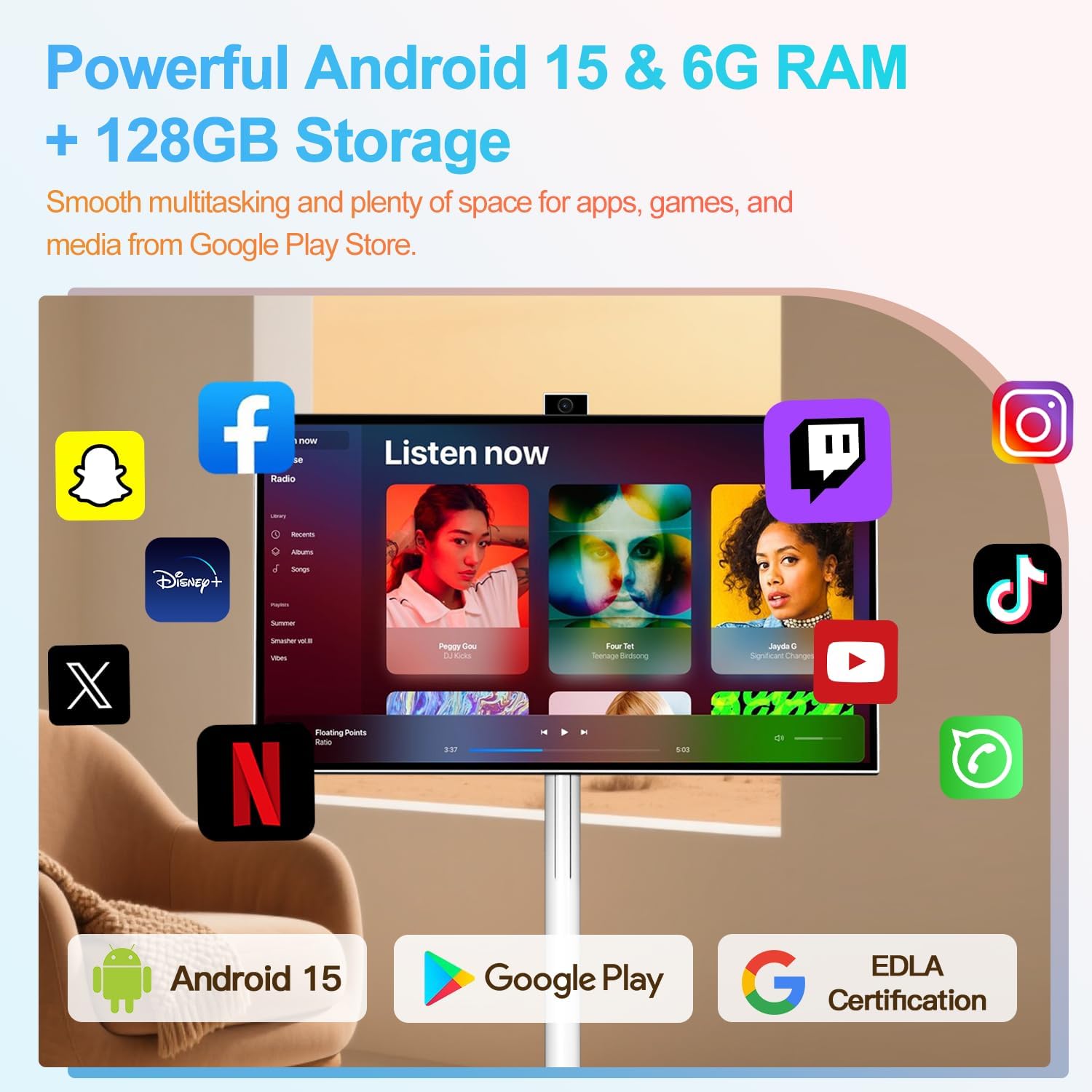 VLH 27 Inch Smart Portable TV, FHD Touch Screen Monitor on Wheels, Android 15, 6GB +128GB, Wireless Movable Display, EDLA-Certified, 13MP Camera, Speaker, 8 Hour Battery, HDMI, Voice Remote Control