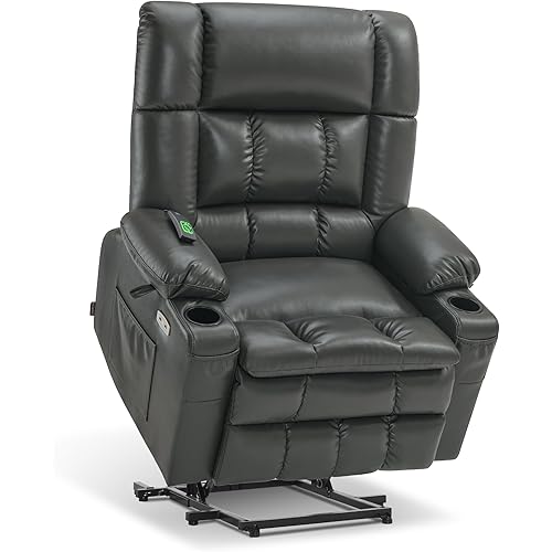 MCombo Large-Wide Dual Motor Power Lift Recliner Chair with Massage and Heat for Big and Tall Elderly, Infinite Position, USB Ports, Cup Holders, Extended Footrest, Faux Leather R7891(Grey)