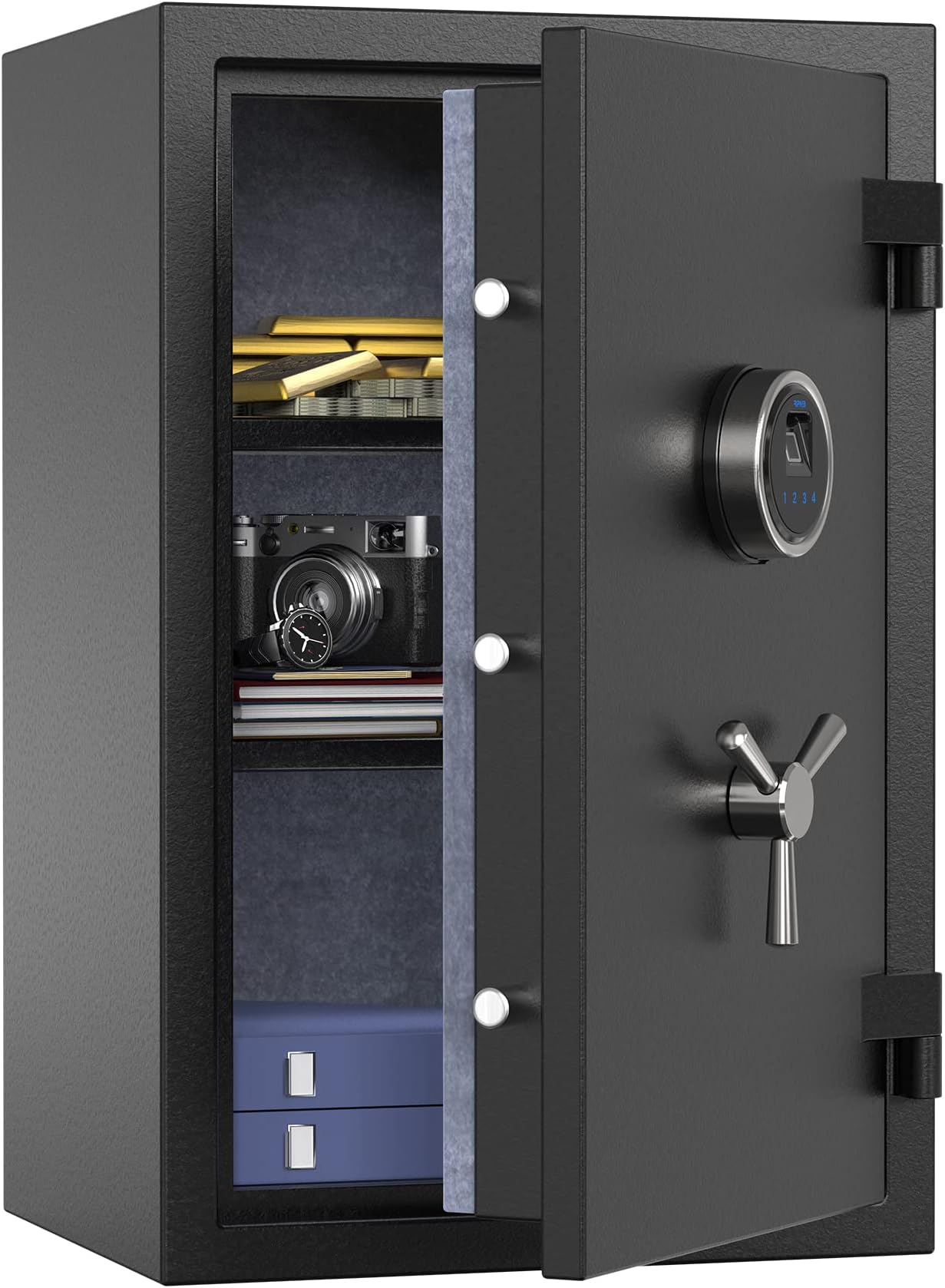 Deluxe Biometric Fireproof Safe Box, Fingerprint Fire Proof Safe with Digital Touchscreen, Removable Shelf and 3 Spoke Safe Handle, Home Safes for Cash Documents Jewelry, 60L, Black