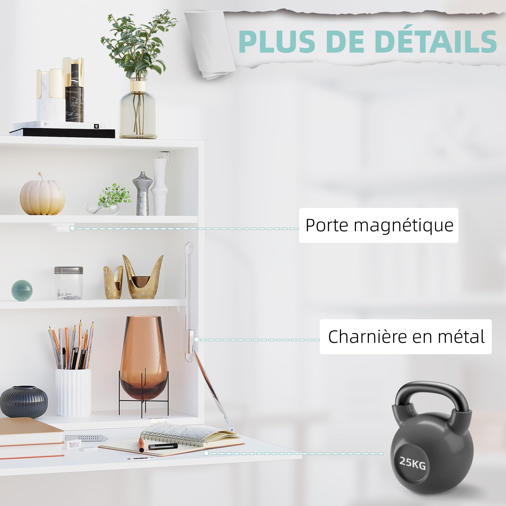 HOMCOM Bureau Suspendu avec Tablette Rabattable 64 x 20 x 60 cm Blanc