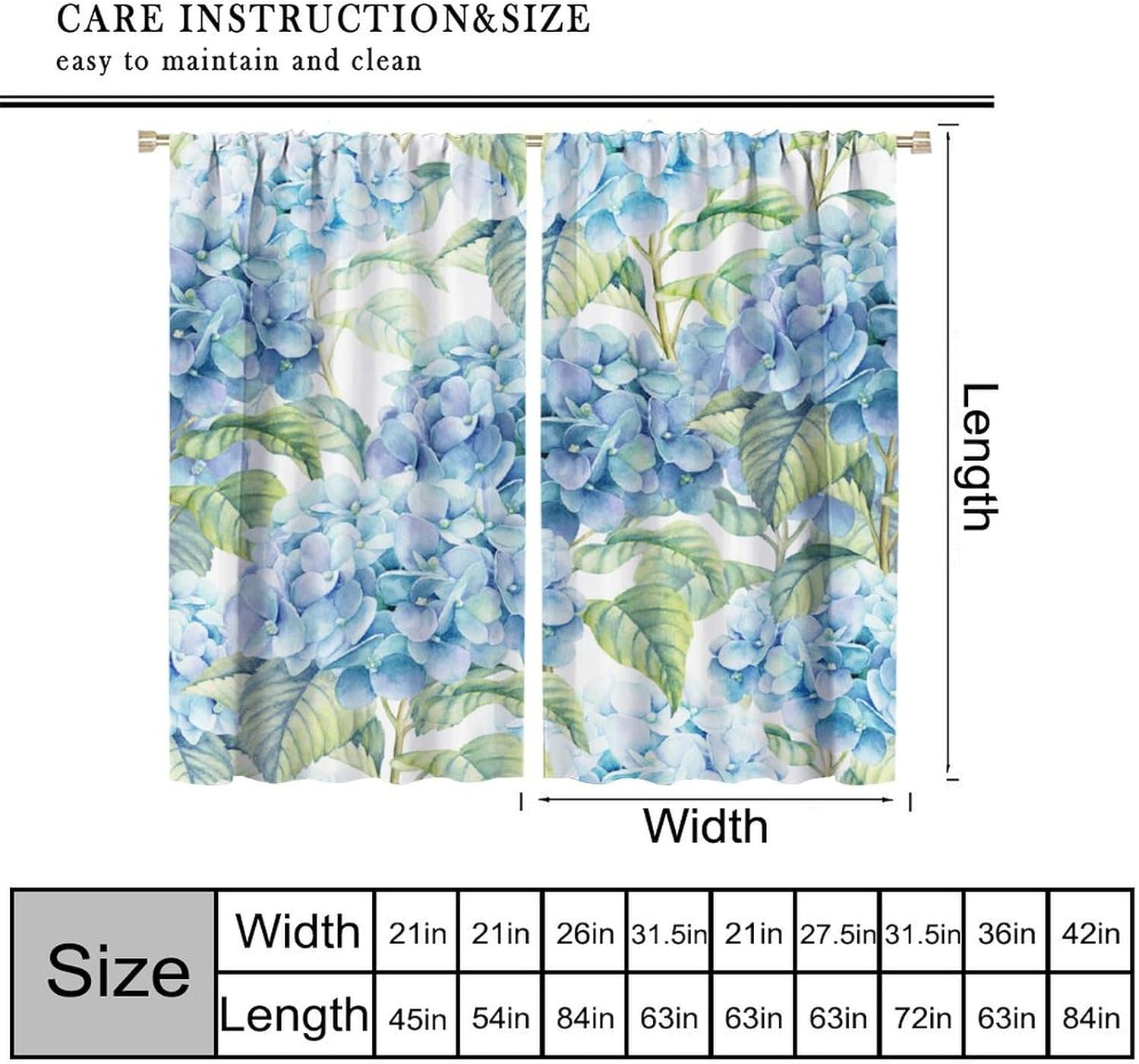 Hydrangea Curtains, Watercolor Blue Hydrangea Leaves Spring Floral Blackout Window Treatments, Rod Pocket Thermal Insulated Drapes 2 Panel Sets for Bedroom Living Room, 63" W X 72" L