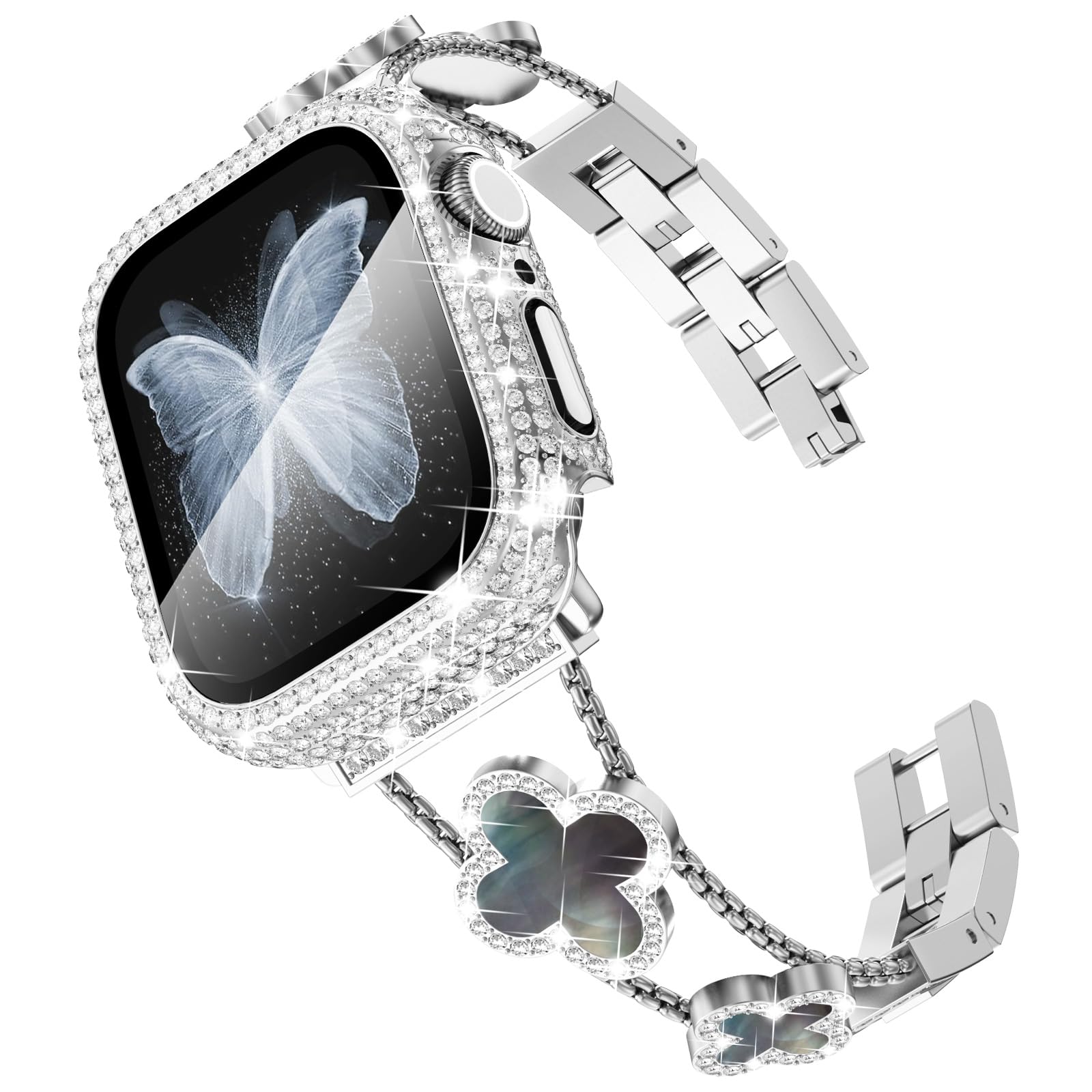 Surace Compatible with Apple Watch Series 9 Series 8 Series 7 45mm Band for Women, Jewelry Diamond Rhinestone Stainless Steel Metal Wristband Strap