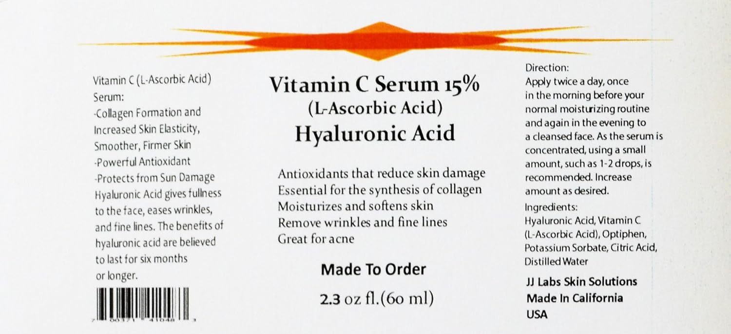 Vitamin C Skin Serum 15% (L-ascorbic Acid) with Pure Hyaluronic Acid Anti Aging Serum 2.3 Oz