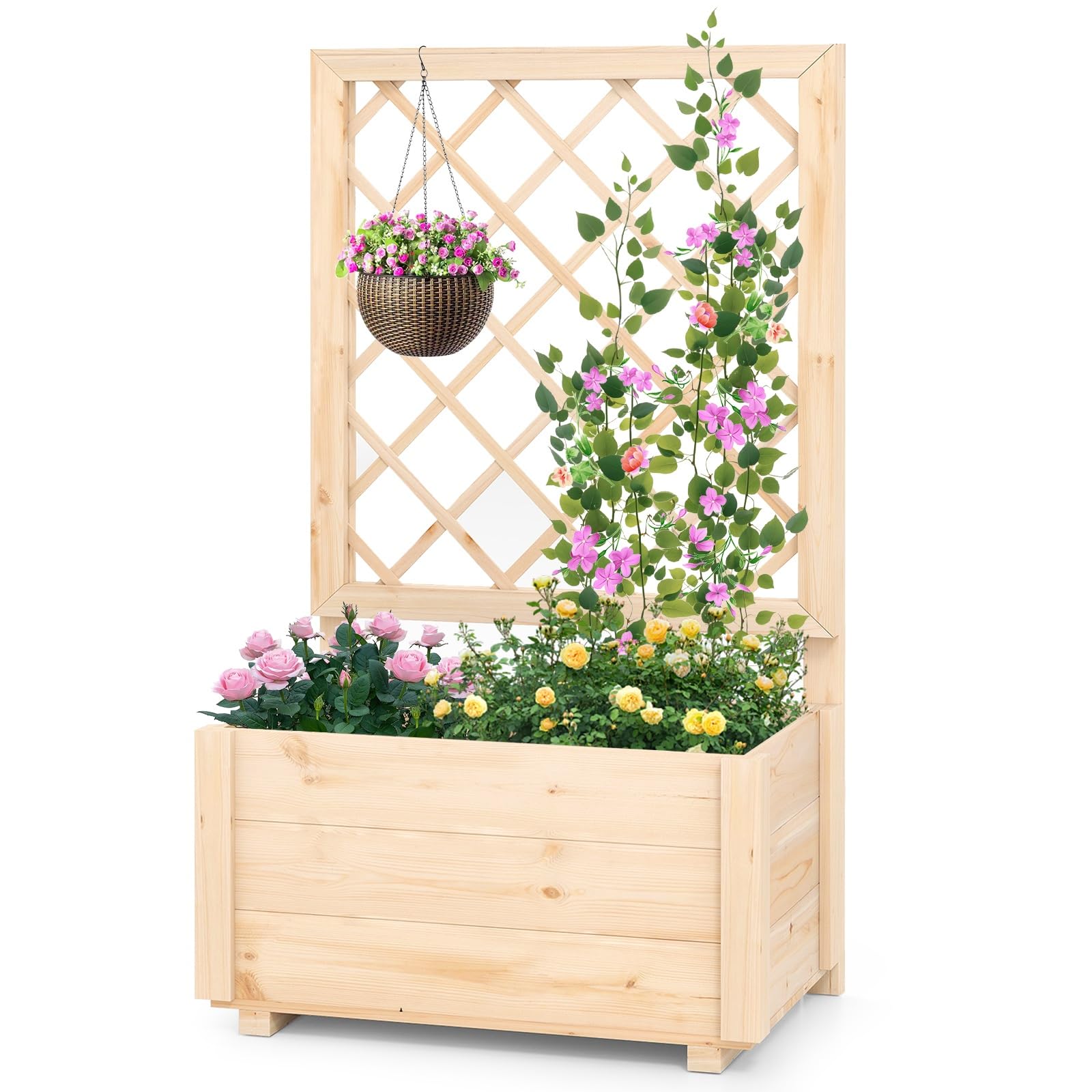 Goplus トレリス付きプランターボックス 木製 プランター 家庭菜園 格子トレリス付き 幅58x奥行35x高さ101cm おしゃれ 野菜 花 ハーブ アサガオ イチゴ 小松菜 ガーデニング 屋外 野菜用プランター 園芸用品
