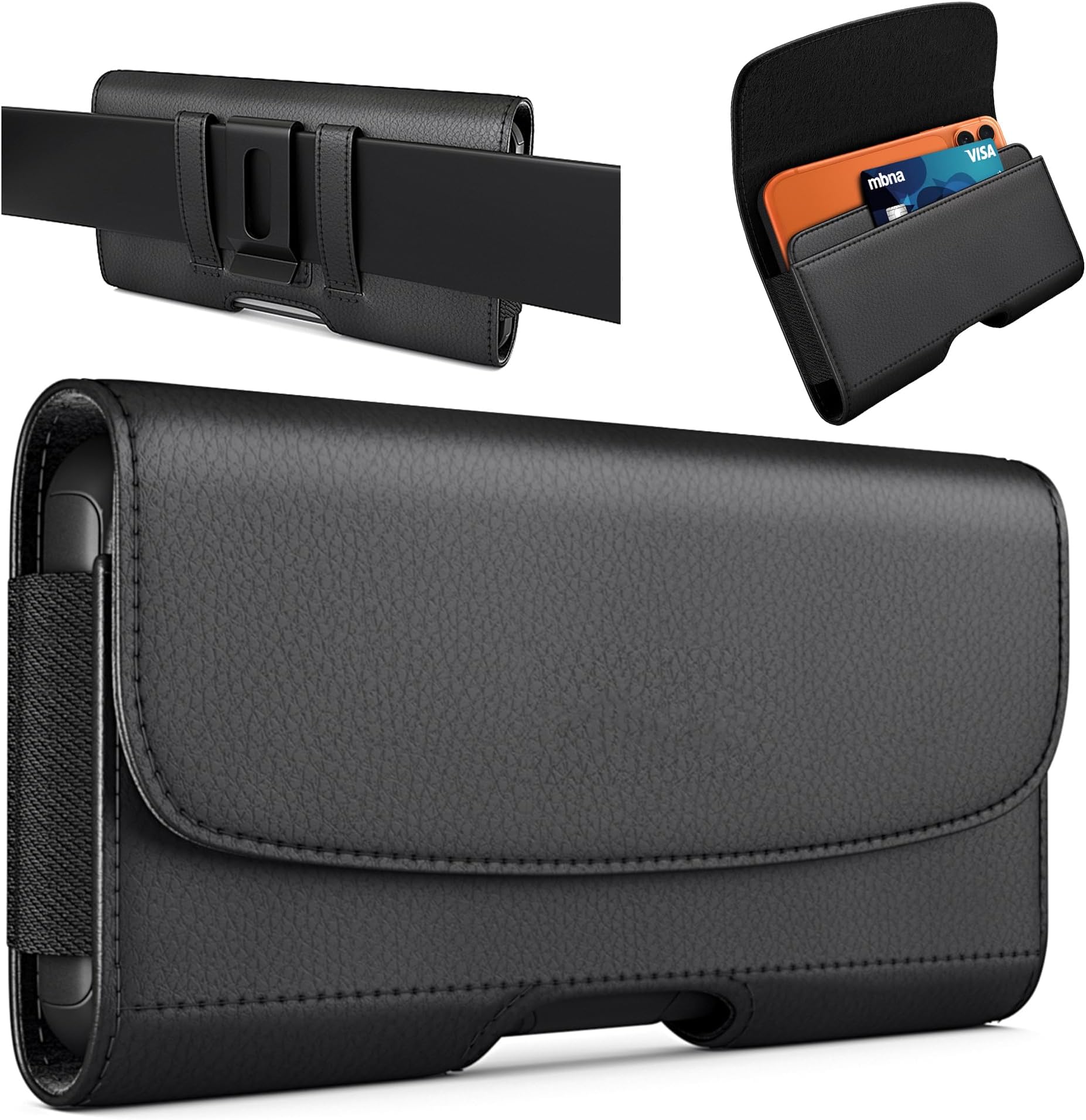 Cell Phone Belt Case for iPhone 16 Plus, Pro Max, 15, 14, 13, 12, 11, Xs, Samsung S24+ A54 A53 - With Clip, ID Card Holder Pouch (Fits Otterbox Case) Black