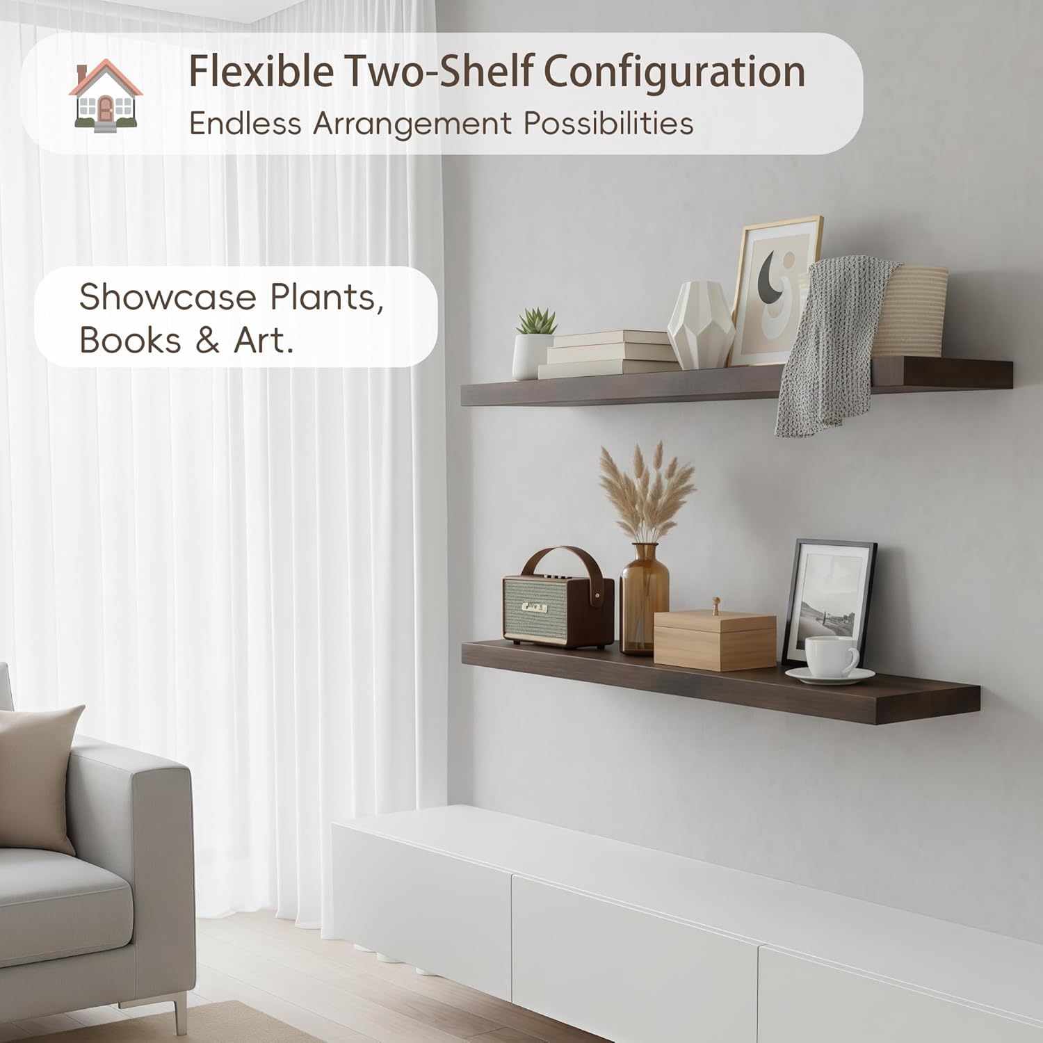 Lufia Floating Wall Shelves, Set of 2, MDF with Invisible Brackets, Modern Storage for Bedroom, Bathroom, Living Room, Kitchen (Rustic Brown, 28" W x 7" D x 1.5" H)