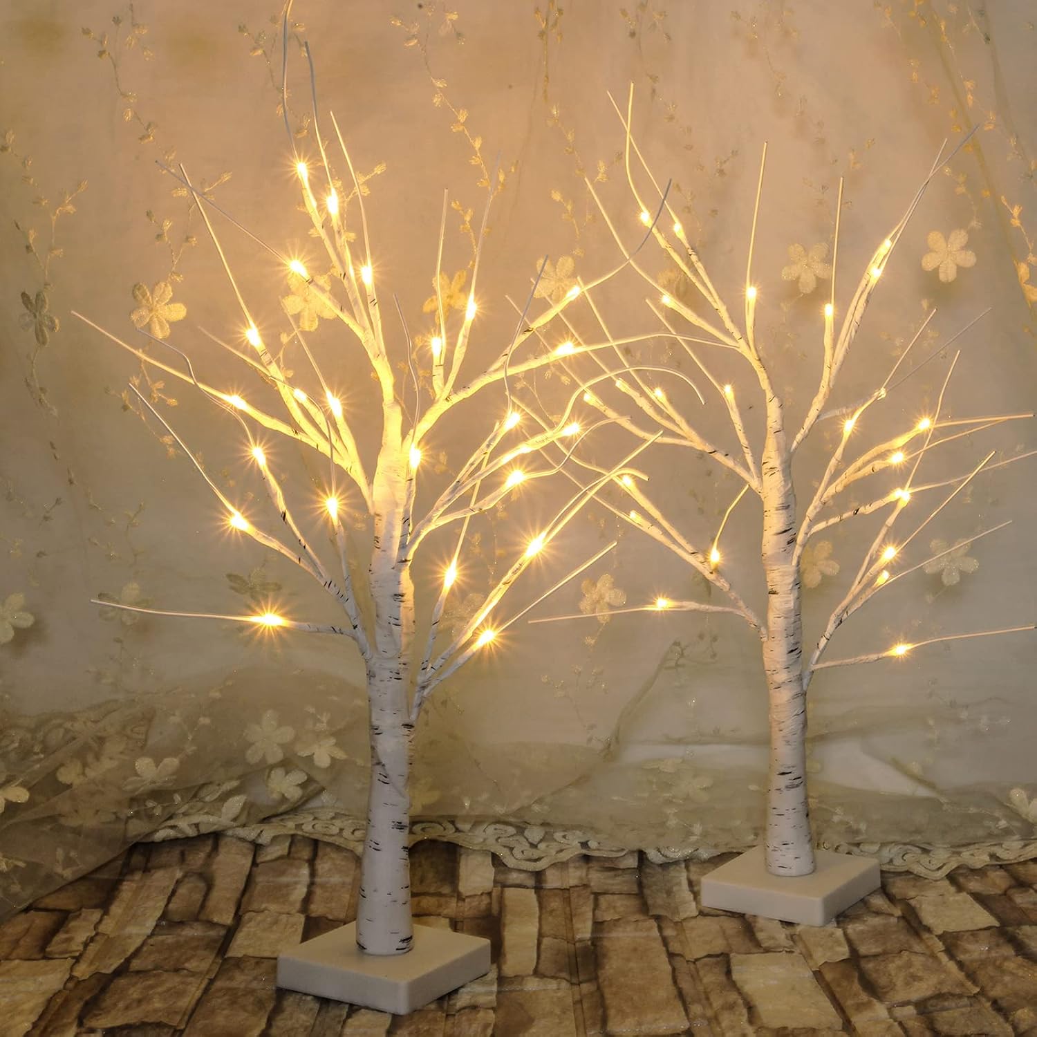 BHCLIGHT Lighted Birch Tree, Set of 2 Each 2FT 24 LED Battery Operated with Timer Tabletop Fairy Tree Lights, White Artificial Branch for Christmas Decorations,Valentine's Day, Wedding, Warm White