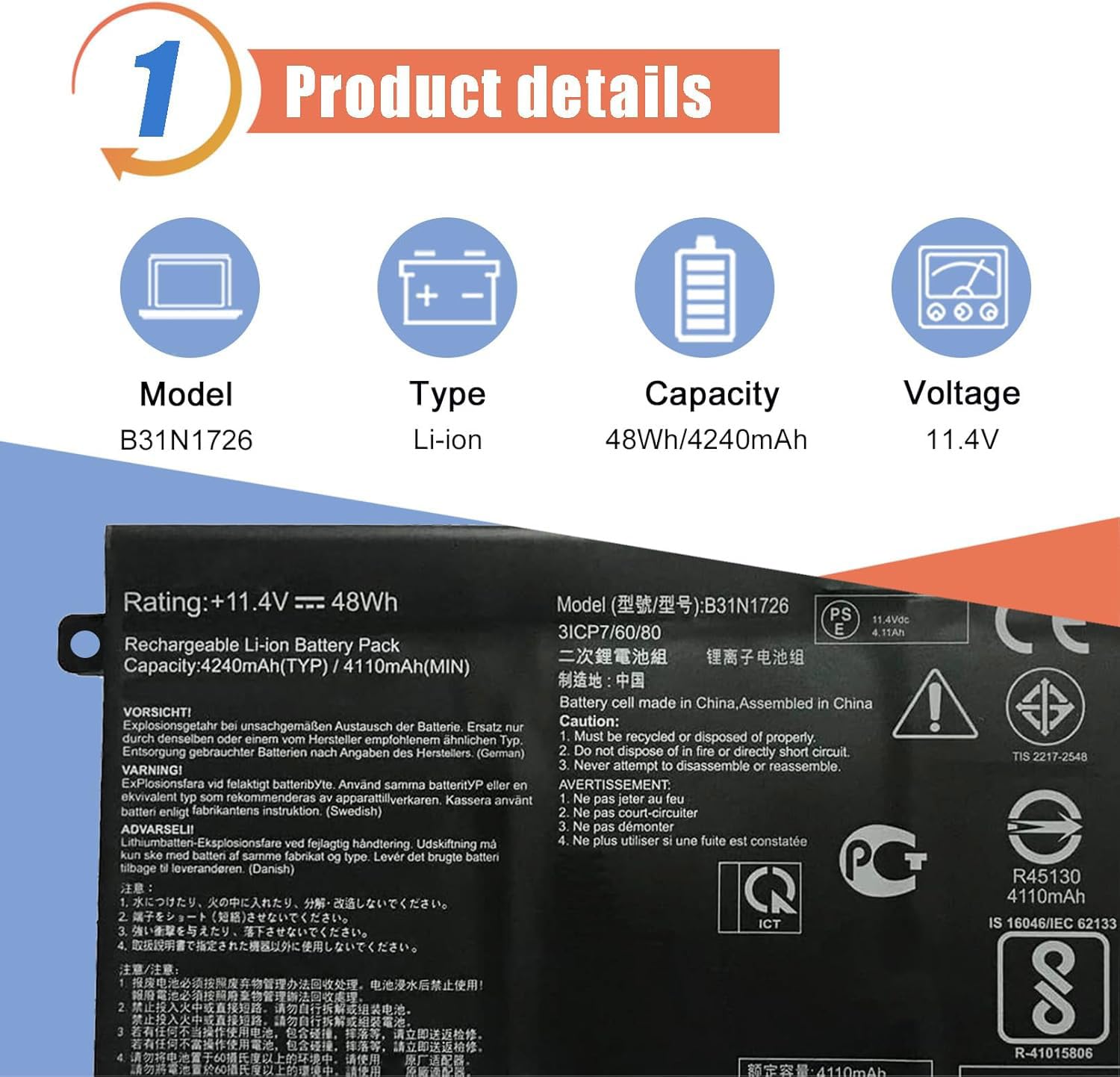 Battery Asus B31N1726 Asus TUF Gaming FX504 FX504GE FX505 FX80 FX80GD FX80GM FX86 Build In Battery I.52501242