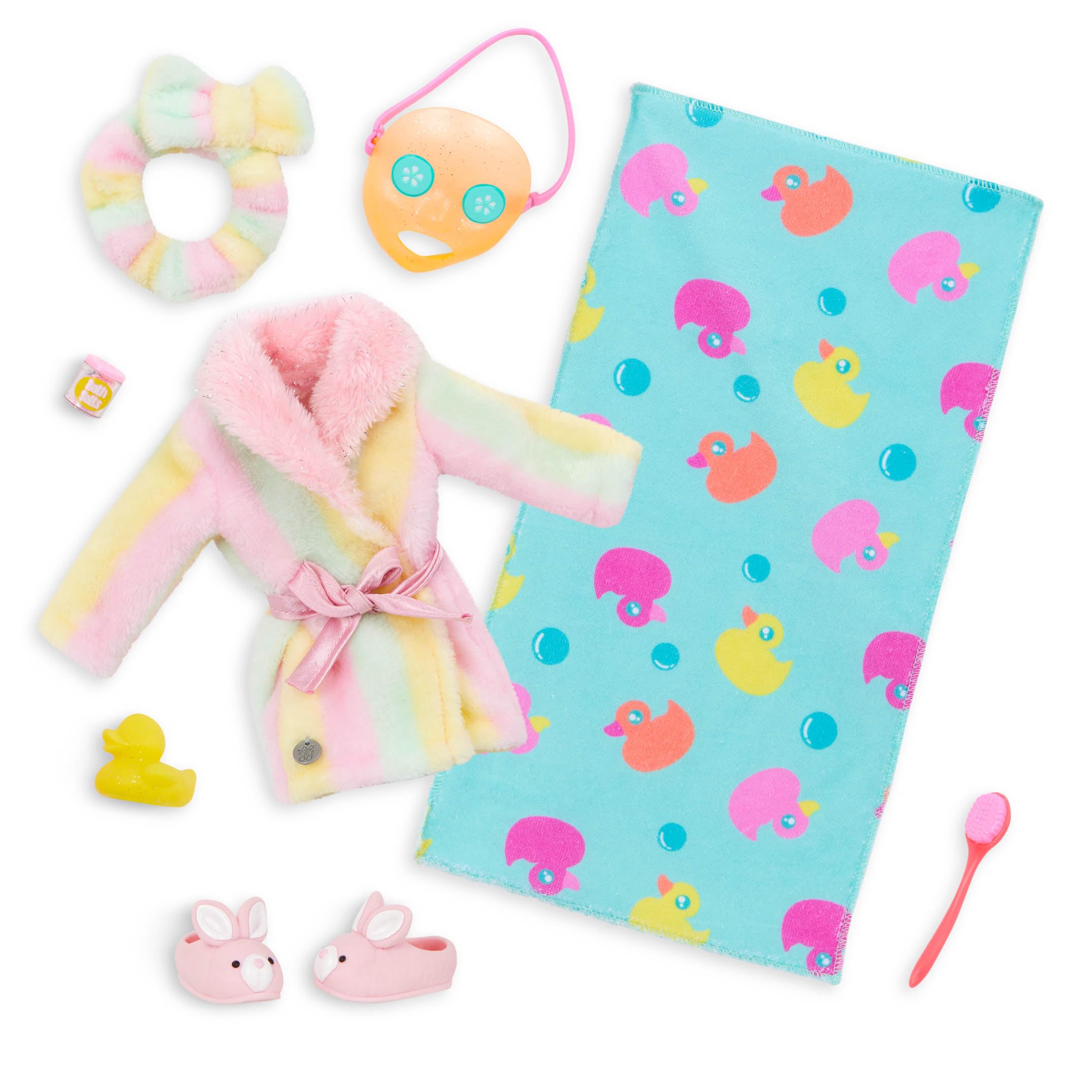 Glitter Girls, 14-Inch Doll Clothes, Bath Outfit with Slippers, Rainbow Bathrobe, Towel & Mask, Doll Bath Set