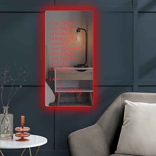 Espejo de afirmaciones personalizadas, espejo de luz de neón LED, espejo con nombre personalizado, espejo iluminado para dormitorio, arte de pared