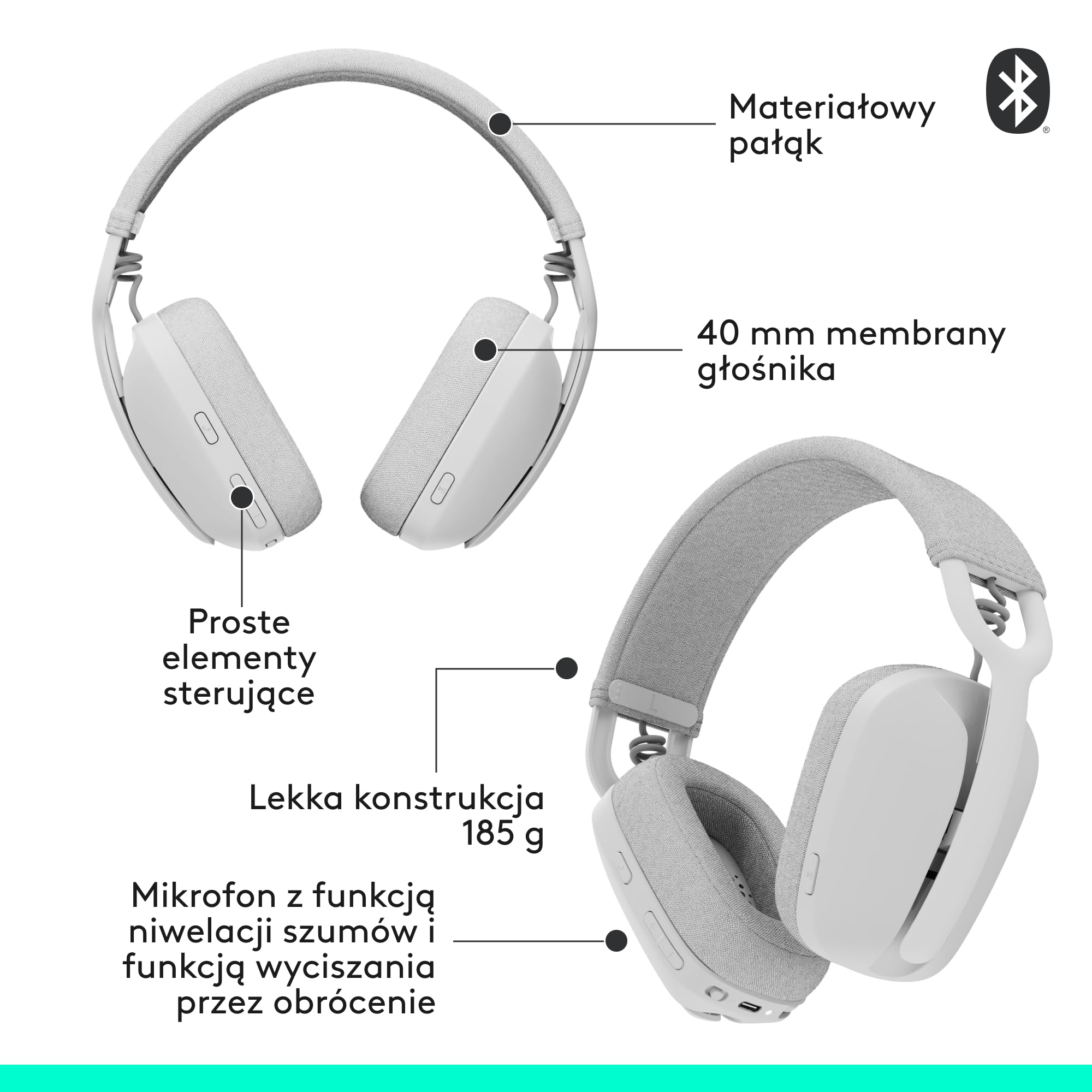 Logitech Zone Vibe 100 Lekkie bezprzewodowe słuchawki nauszne z mikrofonem z redukcją szumów, Zestaw słuchawkowy Bluetooth, dla Teams, Google Meet, Zoom i Mac/PC - Biały