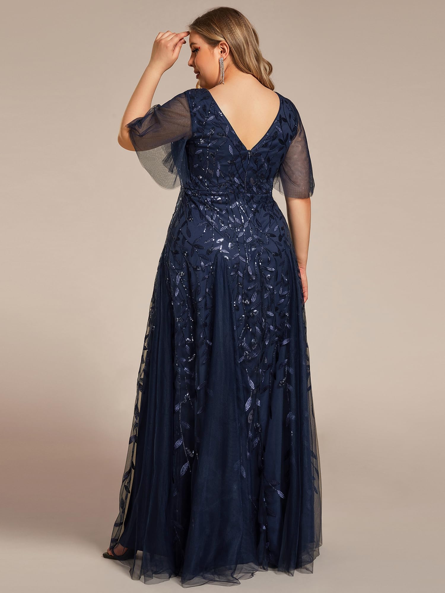 Ever-Pretty Abito formale da donna taglie forti con scollo a V una linea in tulle con paillettes 0734-DA, Blu navy, 56