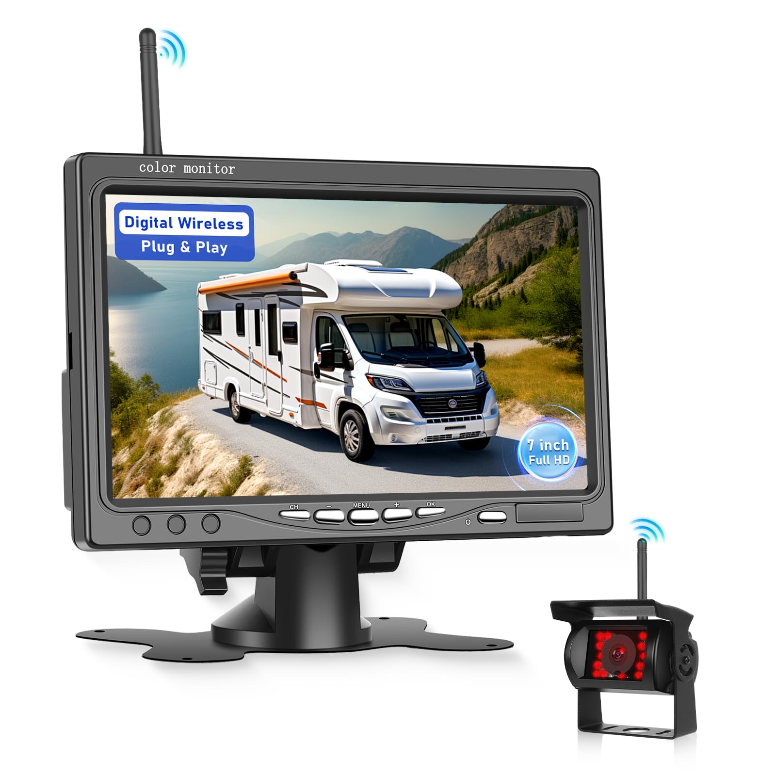 Hodozzy Cámaras de Visión Trasera Inalámbricas Digitales con Monitor IPS de 7 Pulgadas, Cámaras de Marcha atrás a Prueba de Agua IP68, Visión Nocturna por IR de 1080P, Compatible con BSD