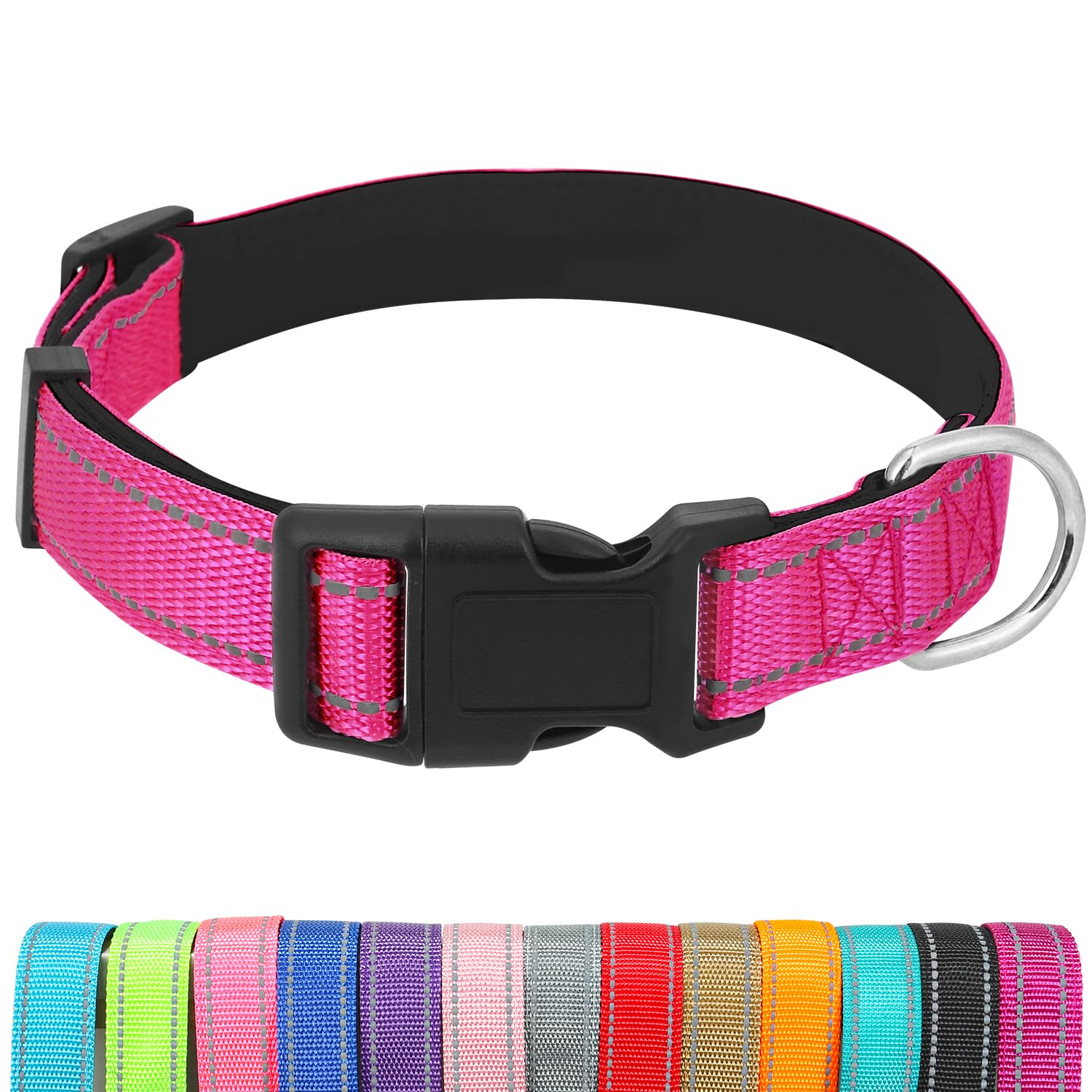 Dog Collars Adjustable for Large Dogs,Heavy Duty Waterproof Dog Collar with Quick Release Buckle,Girl Boy Female Male Reflective Nylon Dog Collar with Soft Neoprene Padded,L,Rose
