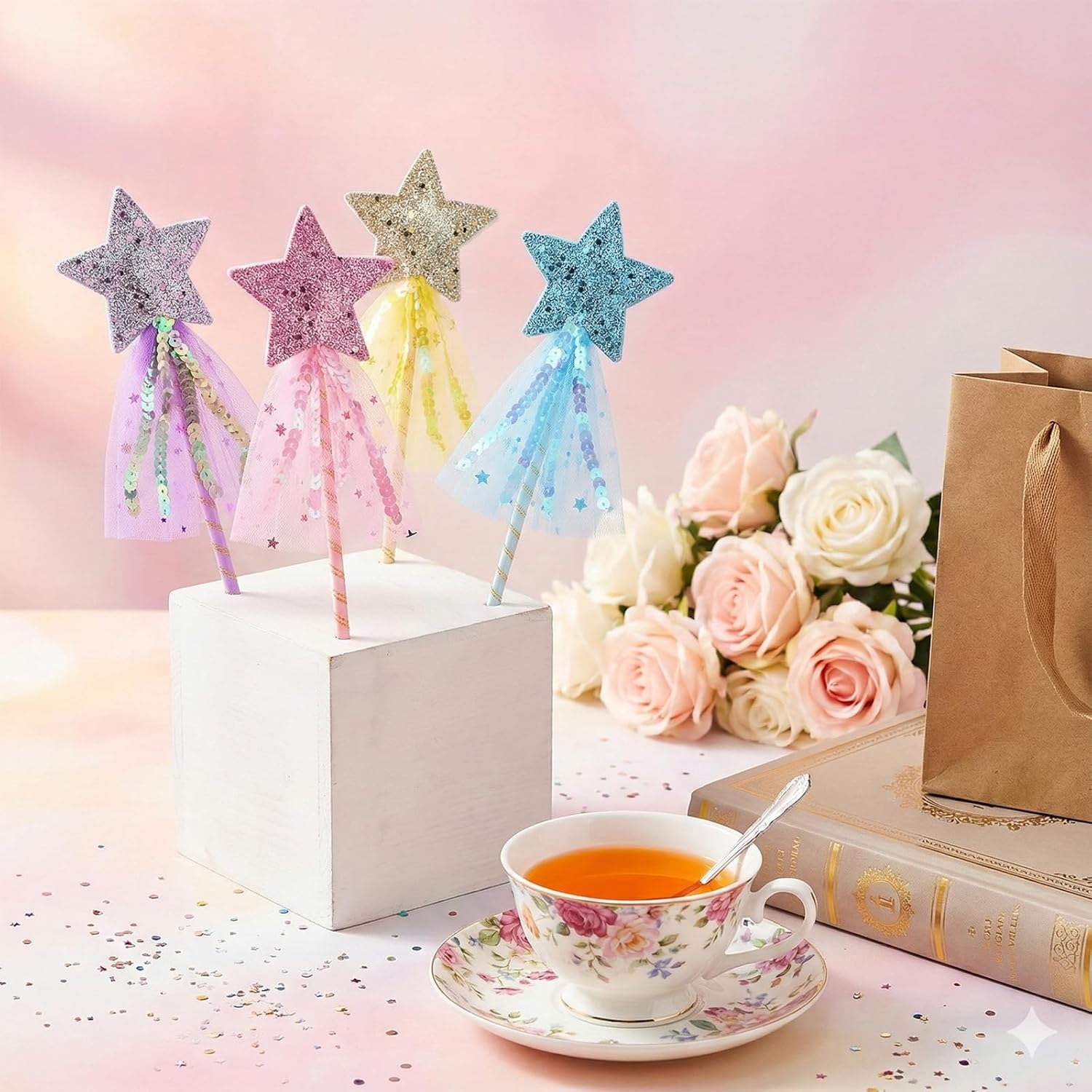 24pcs Fairy Wands Glitter Star Wands Star Glitter Wand Dress up Stars Wand Angel Fairy Costume Props Fairys Party Favors for Adult Birthday Wedding Cosplay Party-4 Colors White