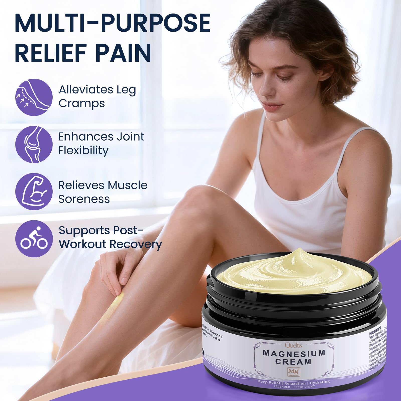 Magnesium Cream, Magnesium Lotion for Sleep, Pain & Leg Cramps, Topical Magnesium Chloride Cream for Muscle Relaxation, Calm, Moisturizing - Skin-Friendly & Safe for Kids & Adults | 3.53OZ (Lavender) — Amazon image 3