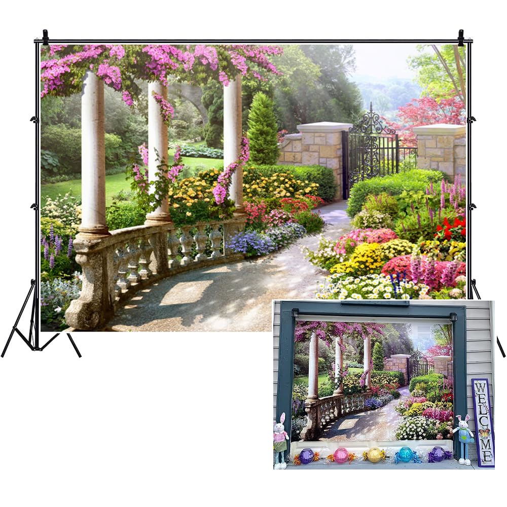 DORCEV 10x6.5ft Spring Beautiful Garden Photography Backdrop Vintage Garden Architecture Pillars Blooming Flowers Background Outdoor Wedding Portraits