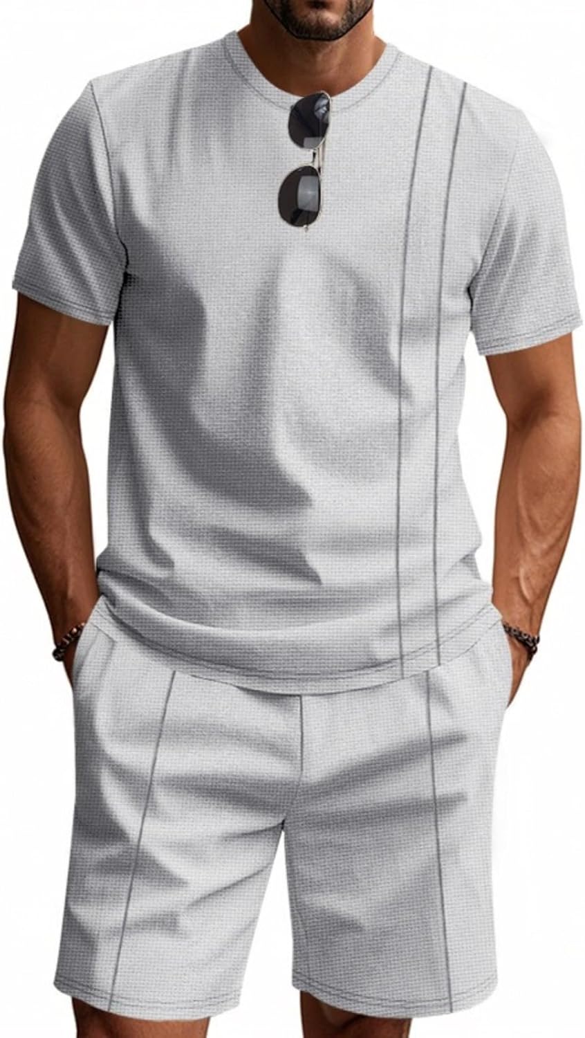 Men's Casual Suits 2 Piece Sets Summer Textured Short Sleeve Button Down Shirt and Shorts