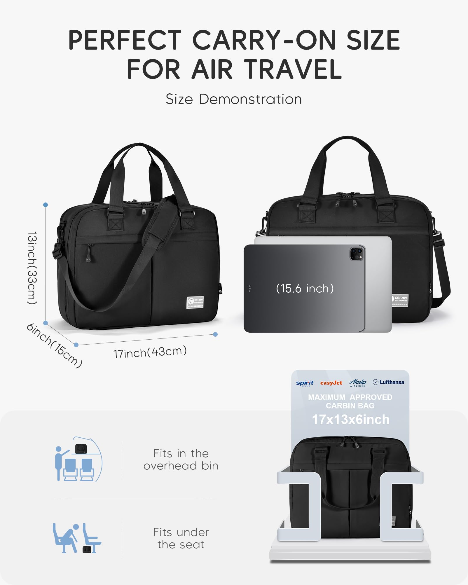 6x13x17 inch Personal Item Bag 180° Wide Open 43x33x15cm Carry on Duffel Bag with Laptop/Wet Pocket Flight Approved Weekender Overnight Bag, Black — view 2