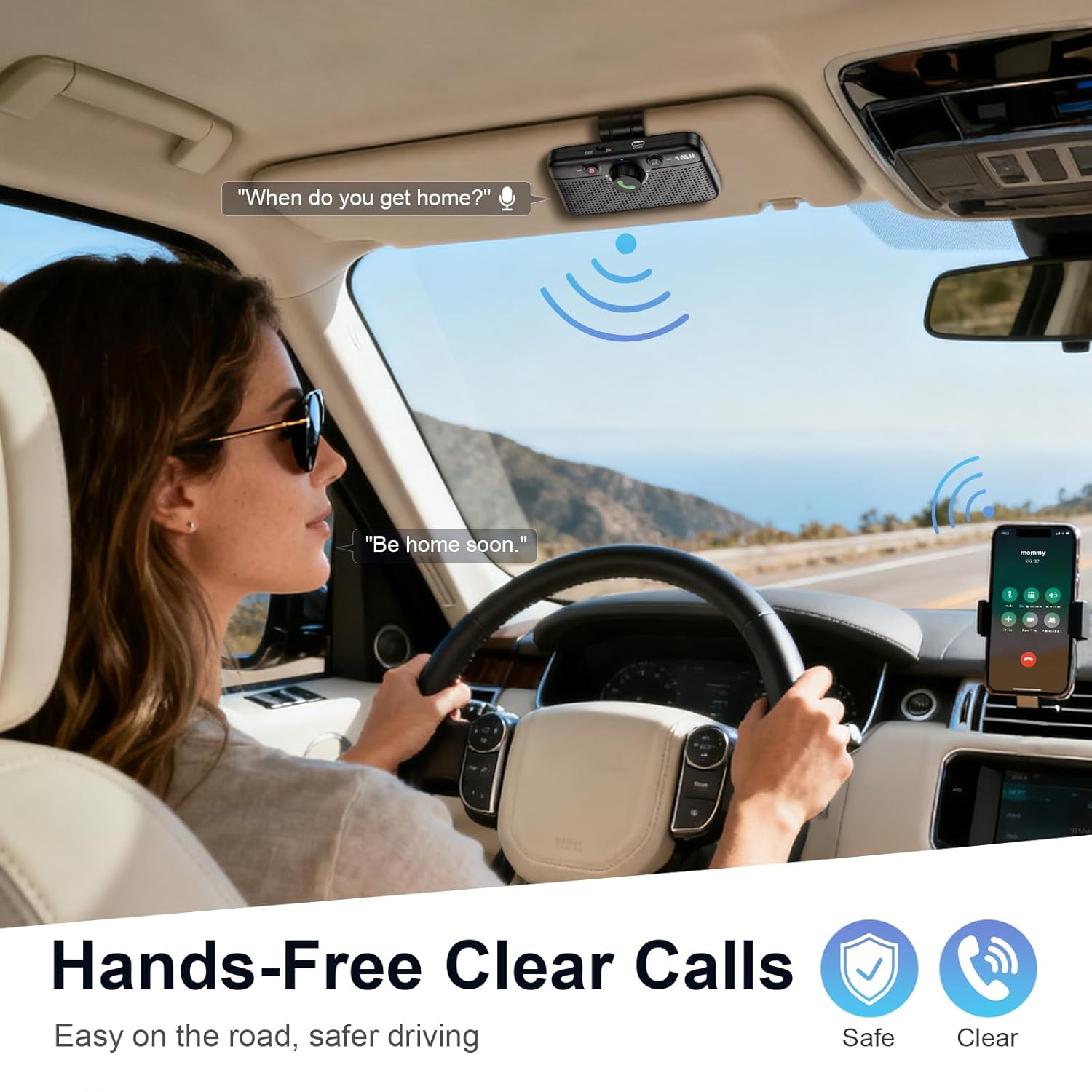 Woman driving, using 1Mii MK02 for hands-free calls