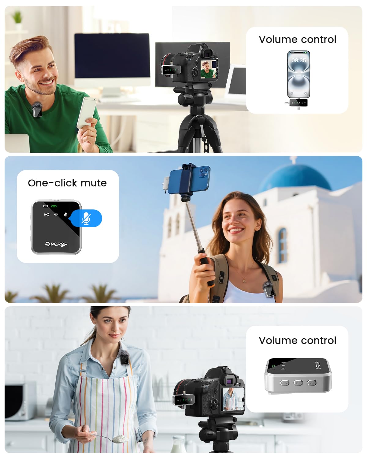 PQRQP 3 in 1 Microphone for iPhone/Android/Camera, Wireless Microphones, 328ft Transmission, 18H Battery Life, Mini Microphone for Record Interview, Vlogs, YouTube, Tiktok: Metallic Silver