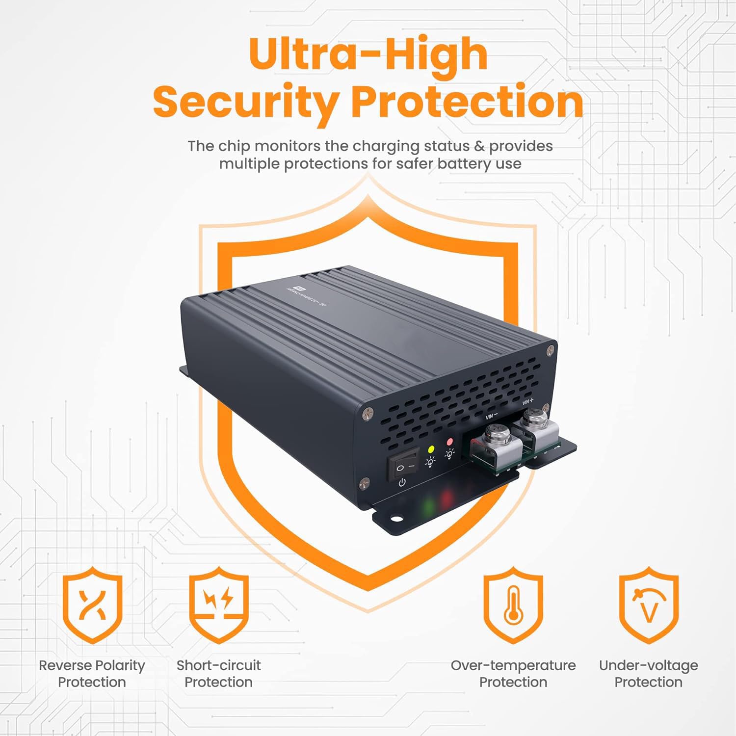 Cargador 12 V 20 A CC a CC (con Chip Inteligente), Cargador Inteligente de a Bordo para baterías NMP, LFP, AGM y de Gel para caravanas, vehículos comerciales, Yates y Barcos. 3 Niveles de