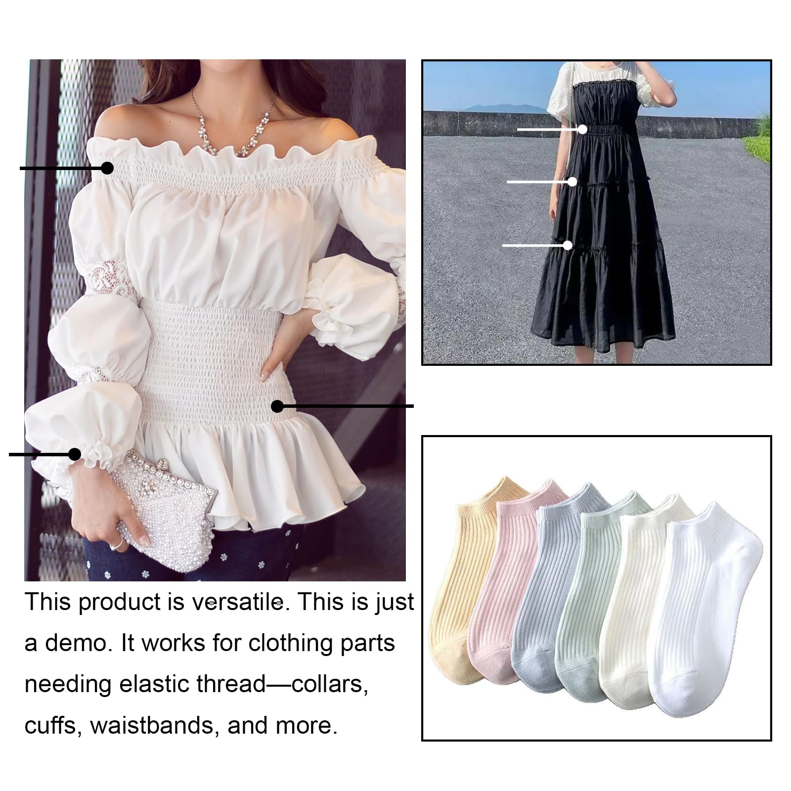 Cordón elástico para manualidades de 0,75 mm, 20 m cada carrete, hilo de coser elástico para máquina de coser, hilo elástico para costura, acolchado y manualidades, cuentas (6 negros + 6 blancos)