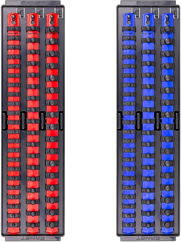 Organizador de Soquetes Ernst Manufacturing Socket Boss com 6 trilhos de 45,7 cm, vermelho e azul, para até 114 soquetes – Modelo 3030