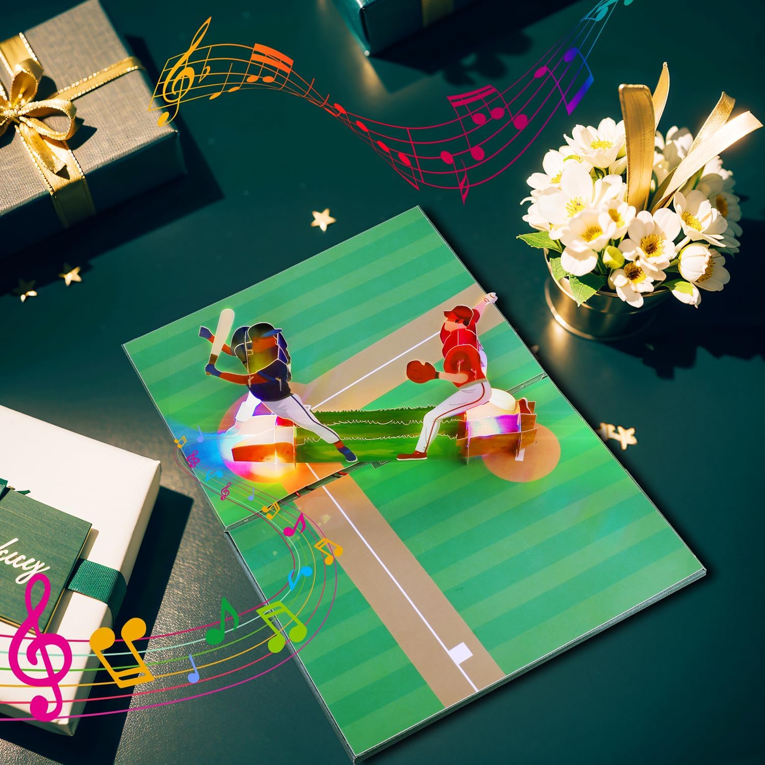 Magic Ants Musical 3D Pop-Up Baseball Card, Plays "Happy Birthday to You" Tune, Light-Up Baseball Scene with Batting & Pitching Players, Interactive Greeting Card for Baseball Fans, Players, Coaches, Collectors - Image 6