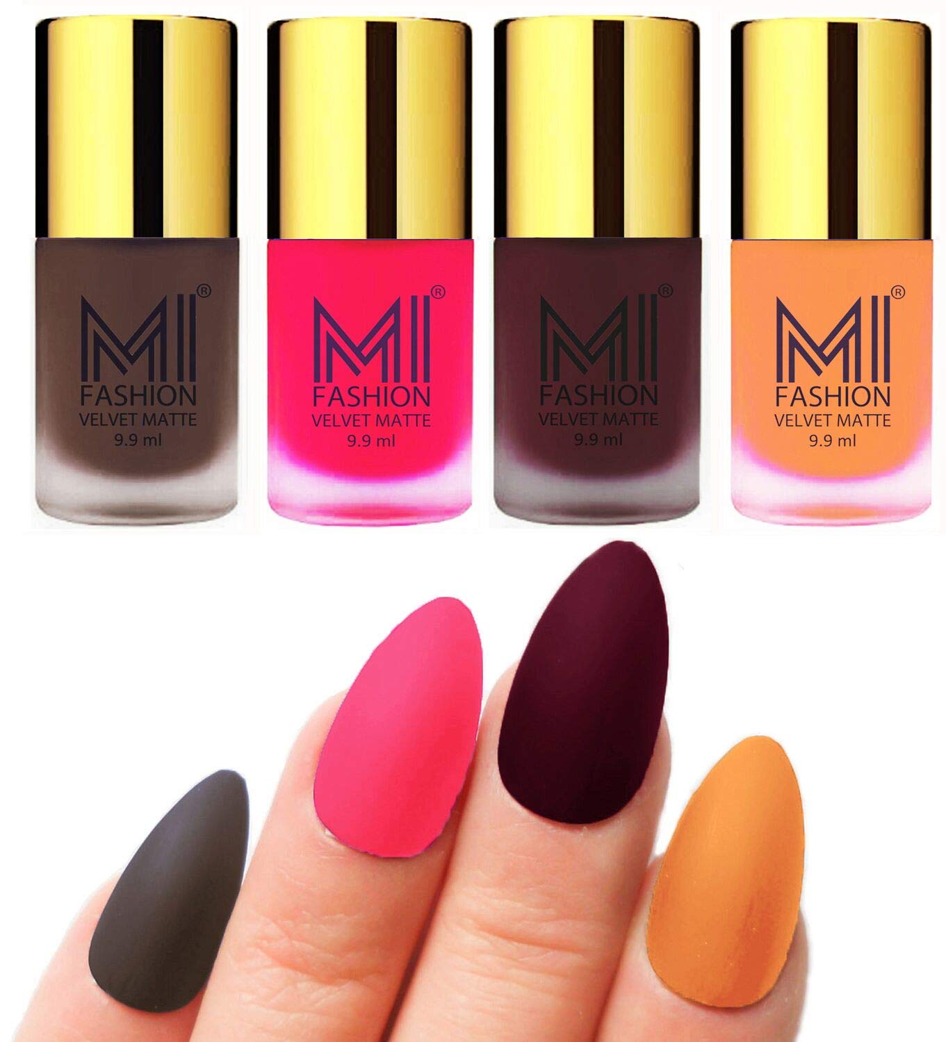 MI FASHION Velvet Matte Nail Polish Sets Longlasting & Waterproof 9.9ml Unique Color Coffee, Neon Pink, Red Wine, Saffron Orange (Pack Of-4)-image-3
