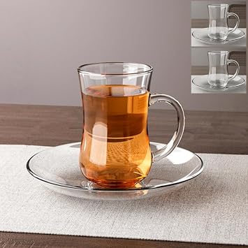 Glass Tea Cups and Saucers, Double Walled Clear Glass Coffee Mugs with Handle, Turkish Crystal Tea Glasses, Dishwasher & Microwave Safe, 6pcs flower clear cup+plate, 2pcs