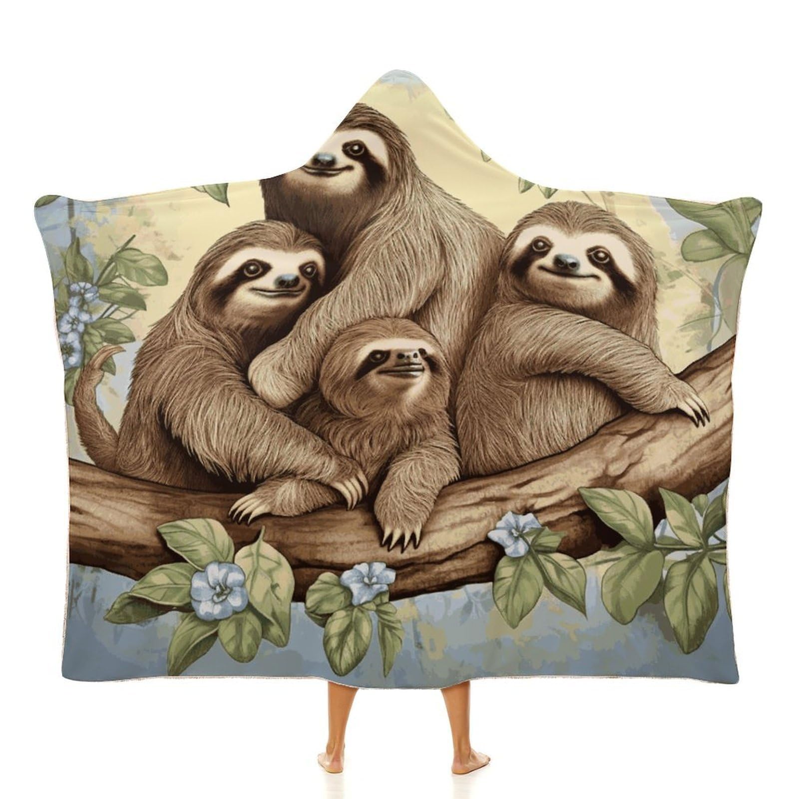 Sloth Family Hooded Blanket Soft Wearable Blankets Cozy Hoodie Throw Cloak Wrap Poncho Cape Blanket 50"x60"