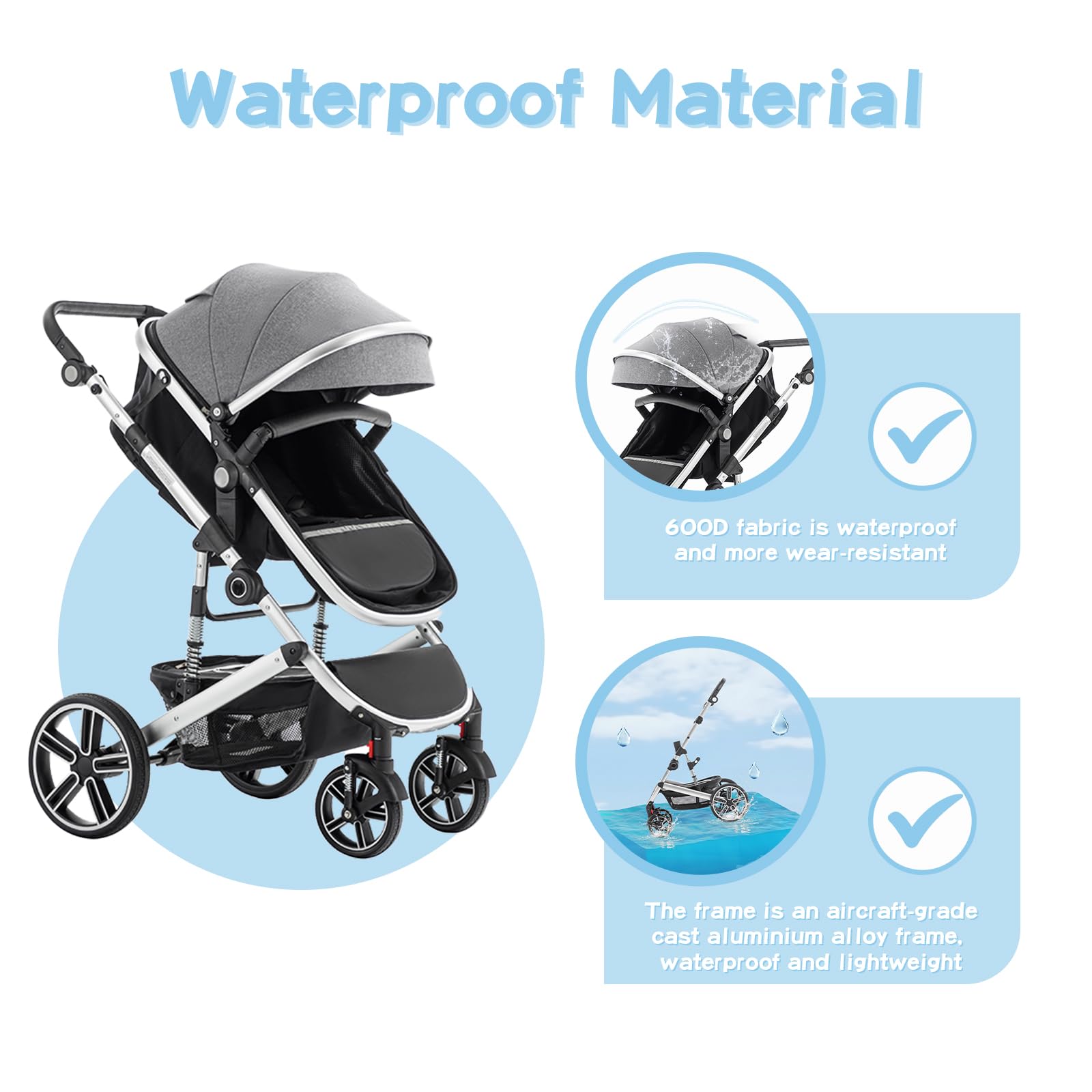 Cochecito Bebe 3 Piezas, el Chasis es de Aluminio, la Cesta Portabebés es de Tela 600D, Silla de Paseo Plegable, incluye Cubierta Para la Lluvia y Mosquitera, Negro