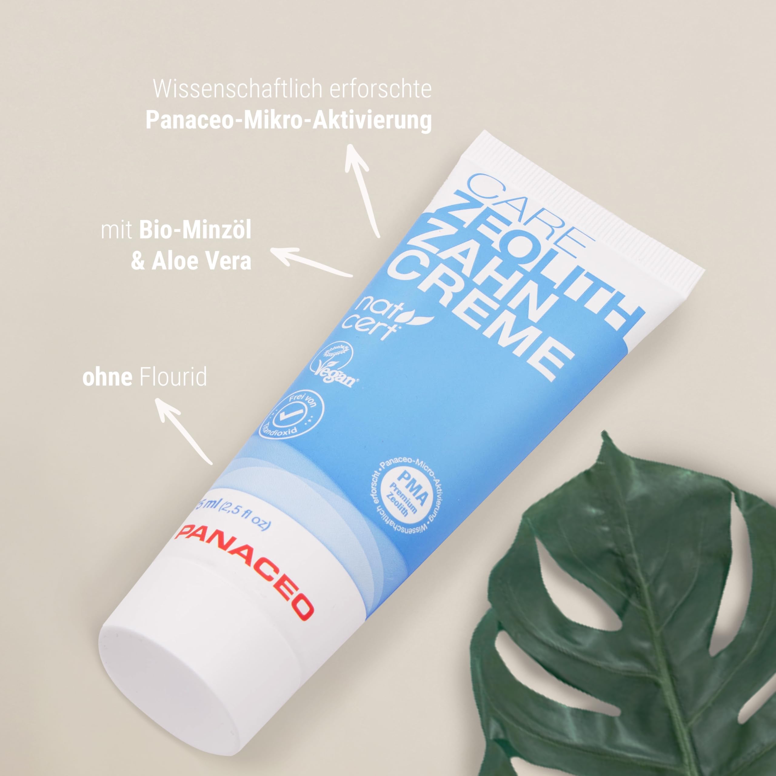 Panaceo Care, dentifricio alla zeolite, 75 ml, 3 + 1 set, cura dentale naturale con olio di menta biologica e aloe vera, dentifricio senza biossido di titanio e senza fluoro, respiro fresco garantito