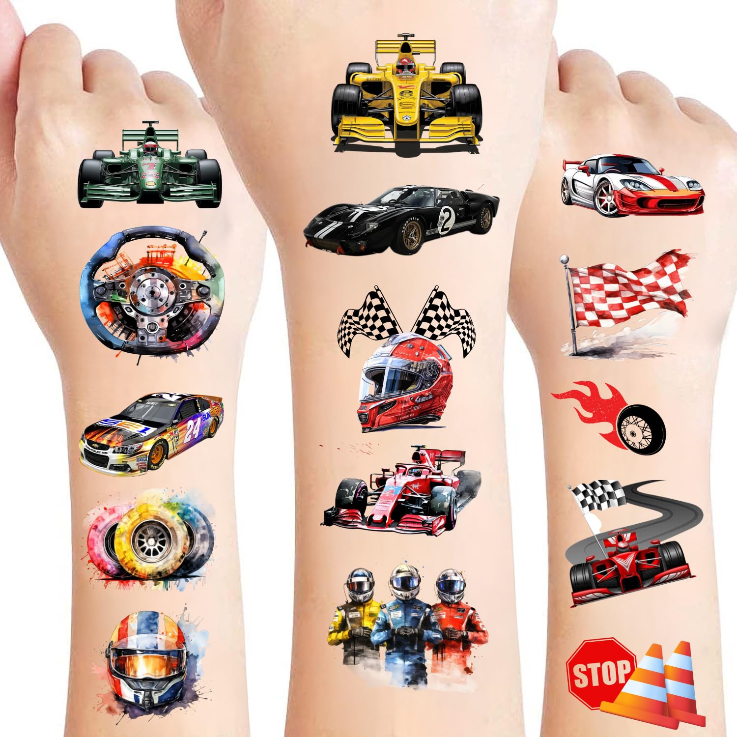 108 PCS Racing Car Pre-Cut Temporary Tattoos | Super Cute Racing Car Themed Birthday Party Favors, Supplies, Decorations, Fake Tattoo Stickers, School Rewards Prizes & Gifts for Boys & Girls