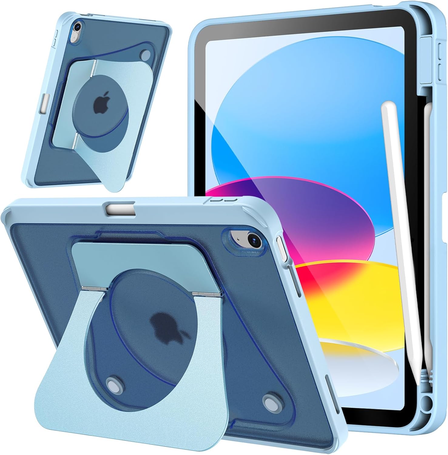 Slim Case for iPad (A16) 11th Generation 11 inch 2025 / iPad 10th Generation 10.9 inch 2022, Metal Bidirectional Rotating Holder, Any Angle Stable Support, Frosted Cover with Pencil Holder (Blue)